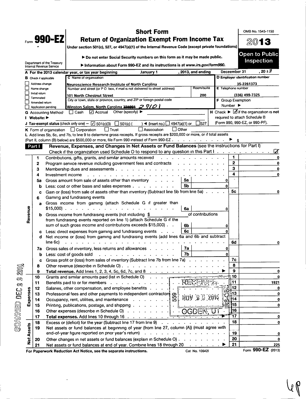 Image of first page of 2013 Form 990EZ for Neuroscience Research Institute of North Carolina