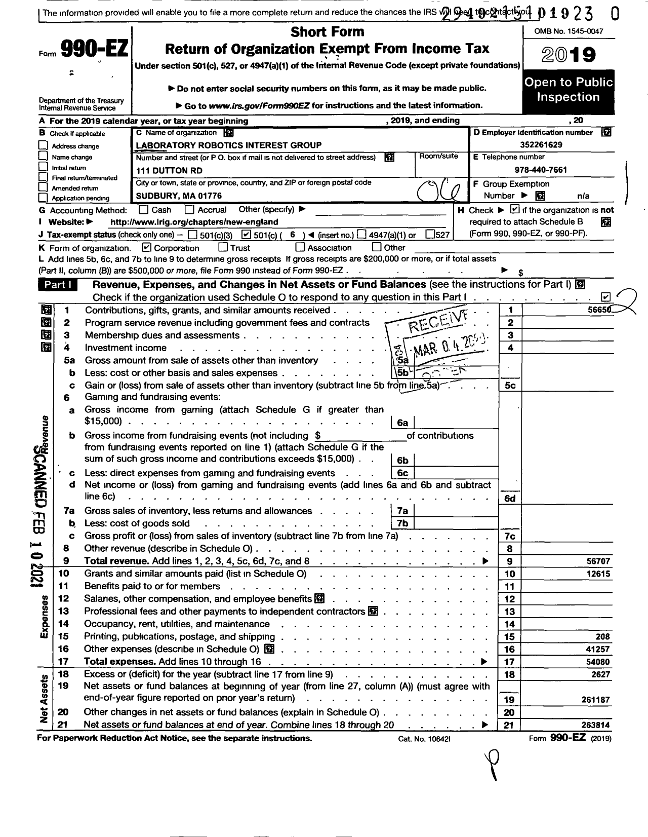 Image of first page of 2019 Form 990EO for Laboratory Robotics Interest Group- New England