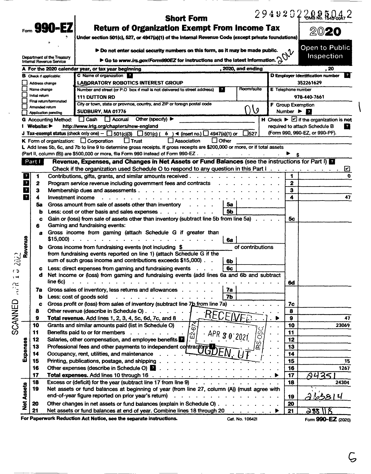 Image of first page of 2020 Form 990EO for Laboratory Robotics Interest Group- New England