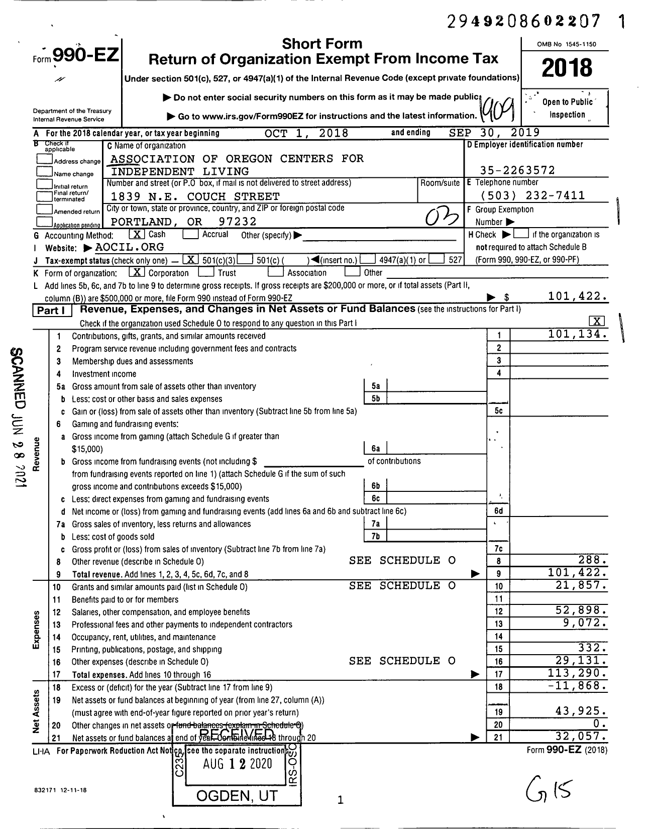 Image of first page of 2018 Form 990EZ for Association of Oregon Centers for Independent Living