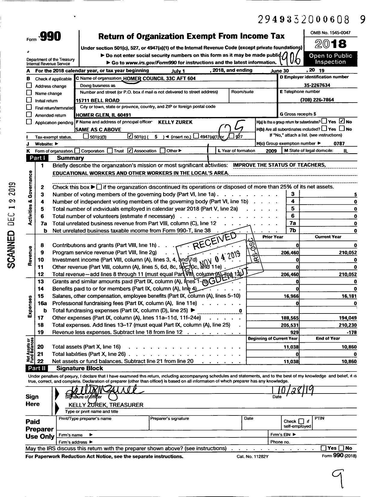 Image of first page of 2018 Form 990O for American Federation of Teachers - 0604 Council 33 Homer Rd