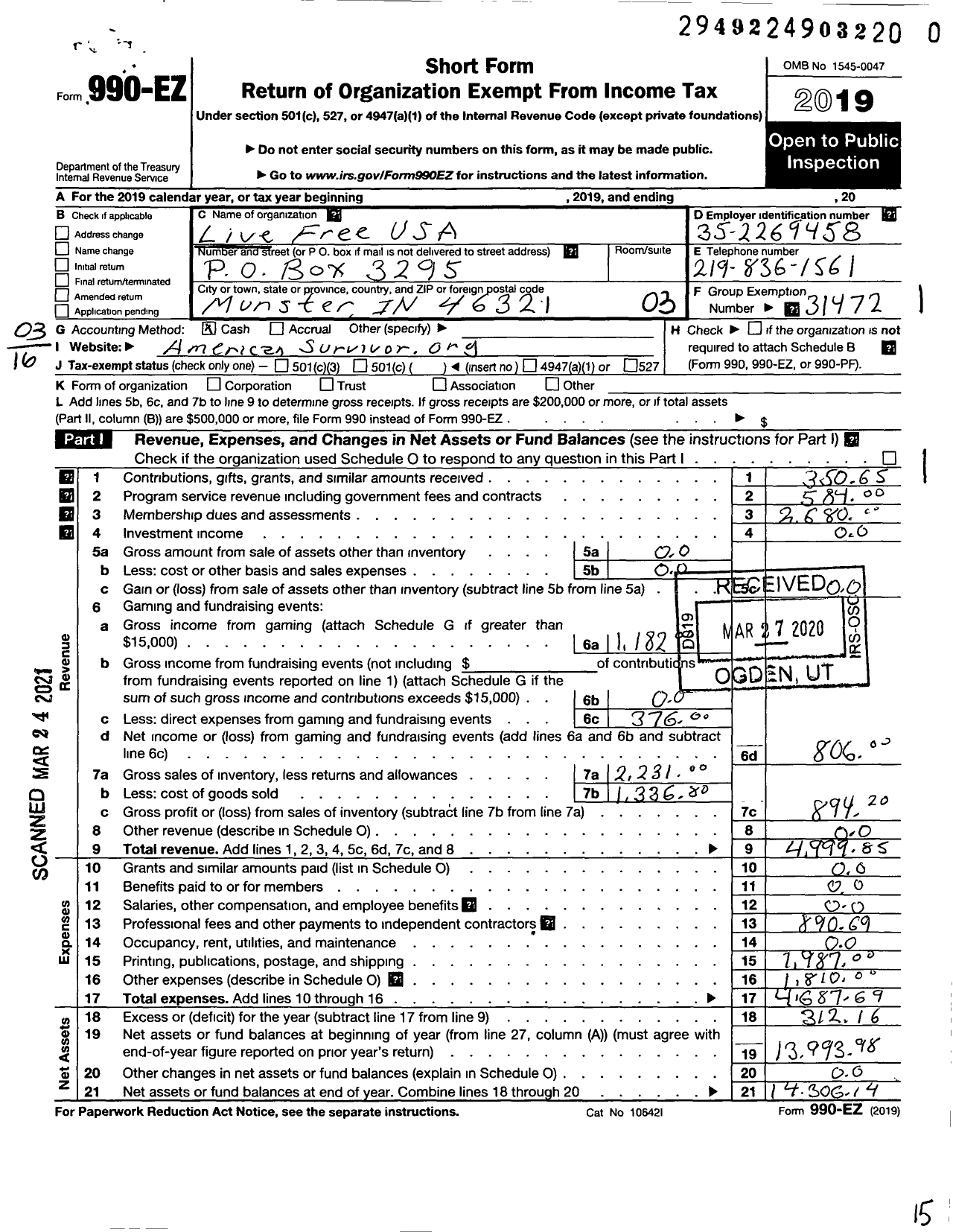 Image of first page of 2019 Form 990EZ for Live Free USA