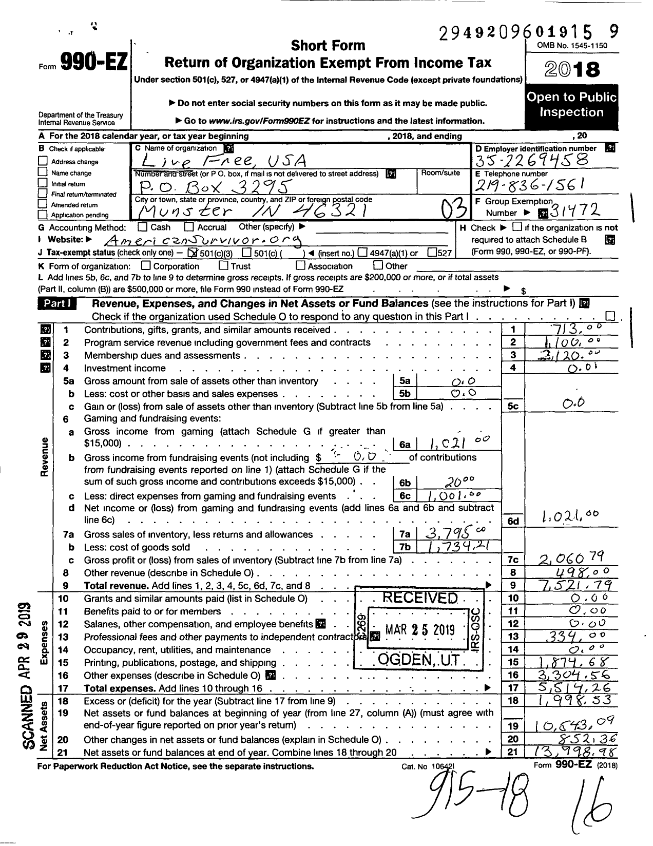 Image of first page of 2018 Form 990EZ for Live Free USA