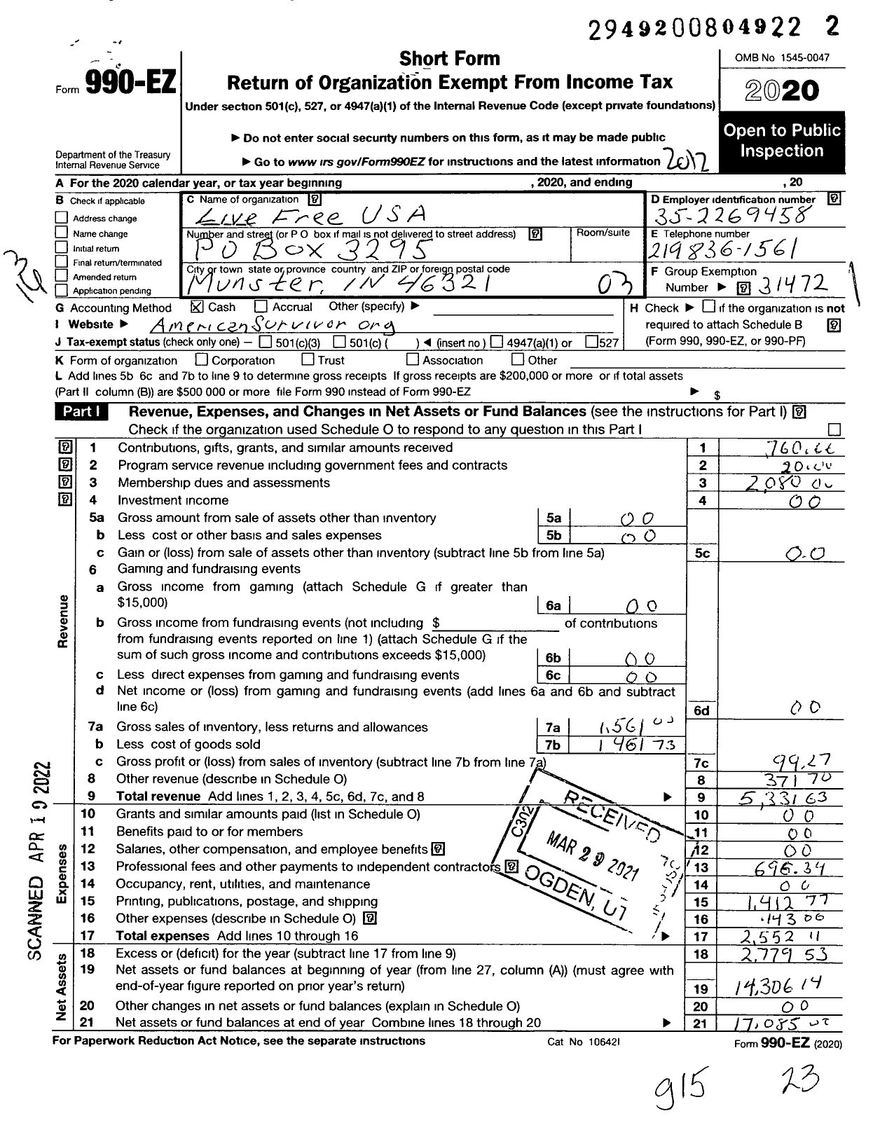 Image of first page of 2020 Form 990EZ for Live Free USA