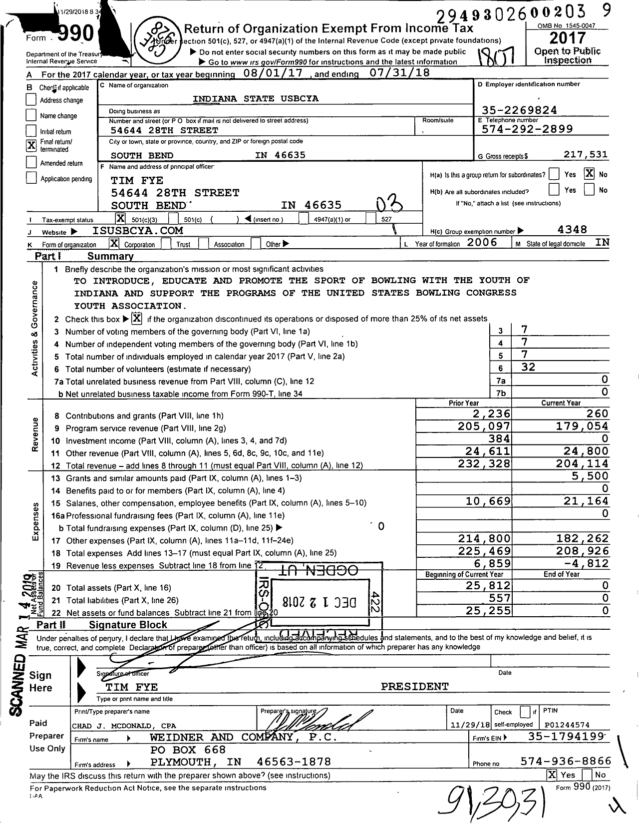 Image of first page of 2017 Form 990 for United States Bowling Congress - 85765 Indiana State Usbc Youth