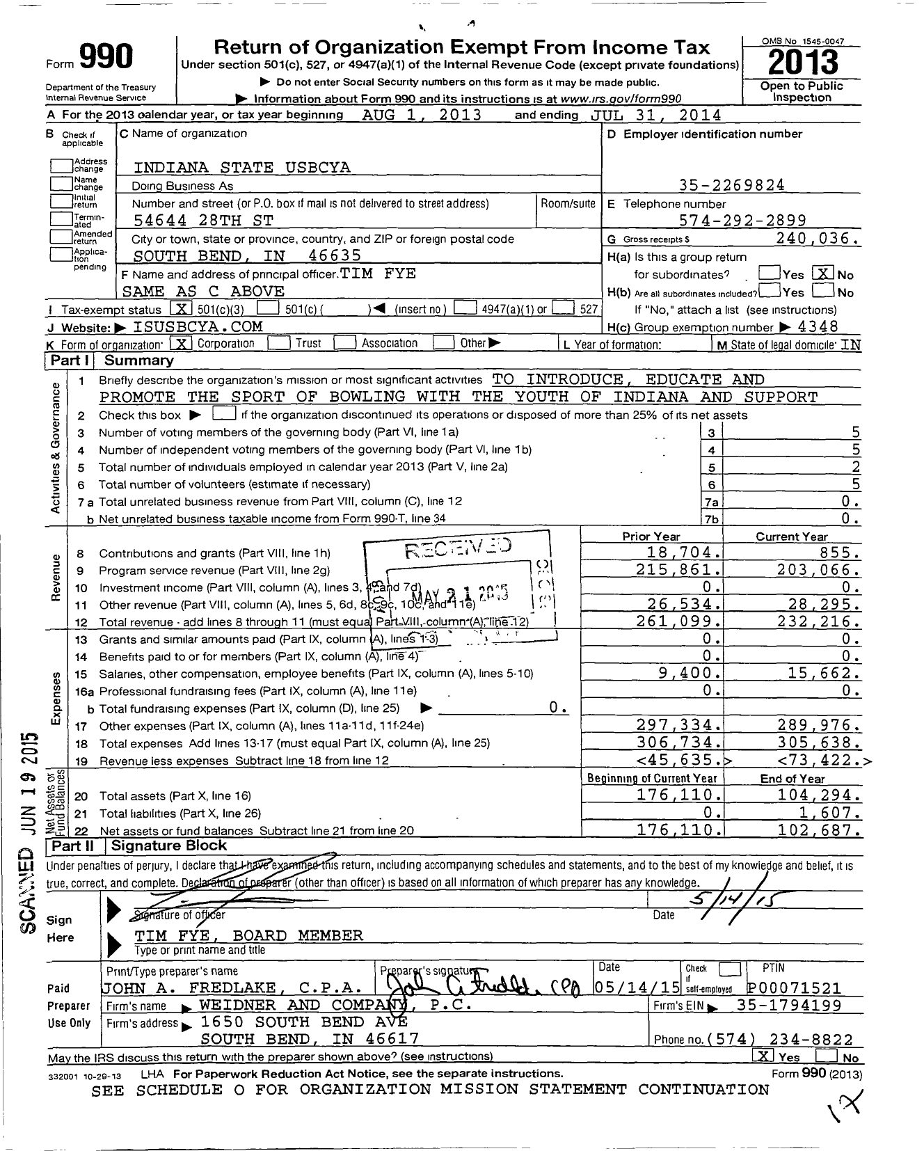 Image of first page of 2013 Form 990 for United States Bowling Congress - 85765 Indiana State Usbc Youth