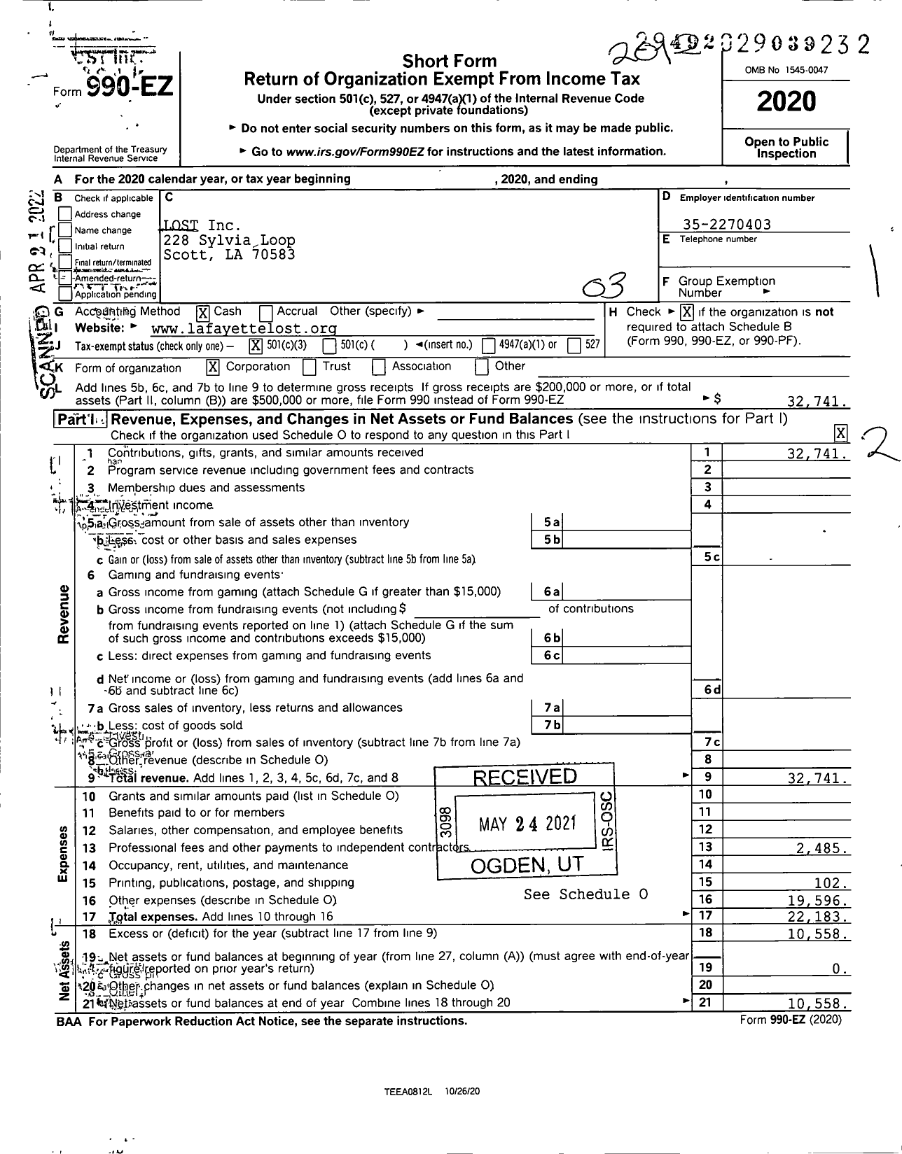 Image of first page of 2020 Form 990EZ for Lost