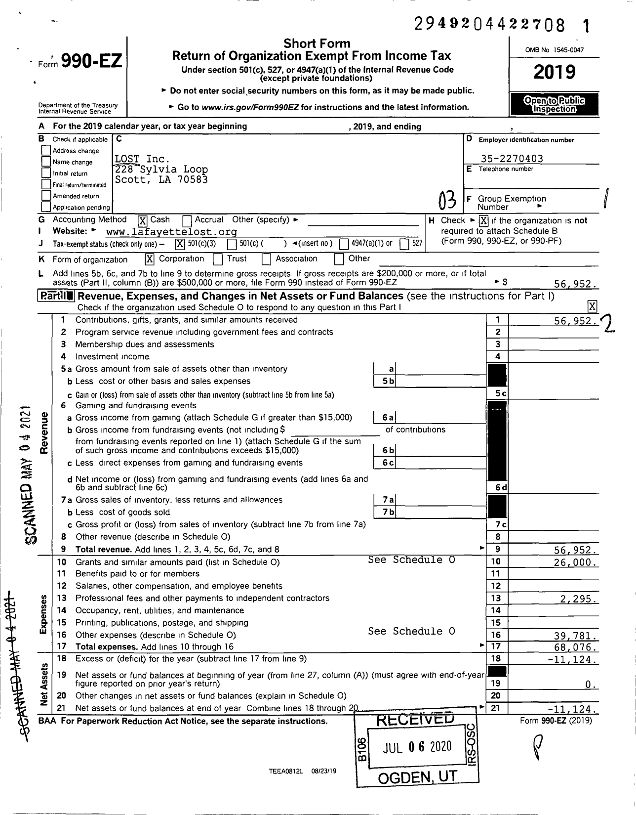 Image of first page of 2019 Form 990EZ for Lost