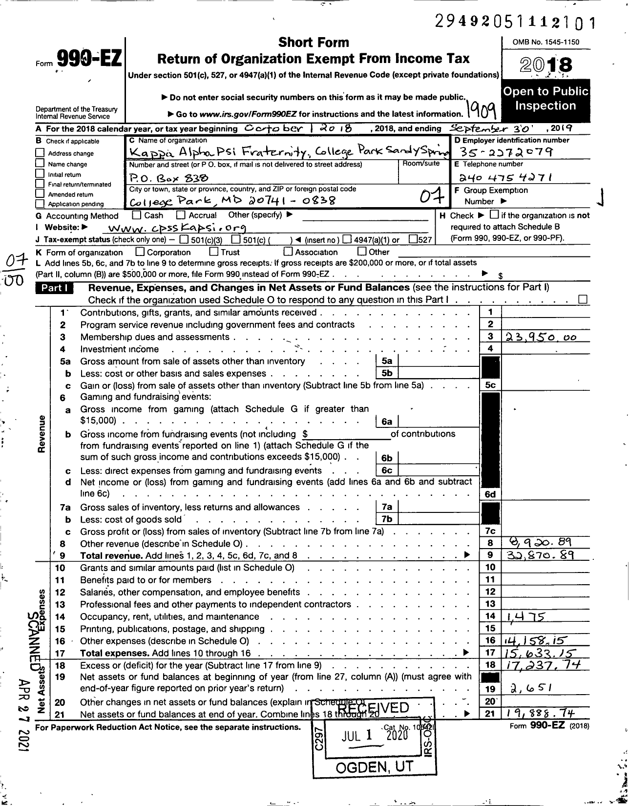 Image of first page of 2018 Form 990EO for Kappa Alpha Psi Fraternity / College Park Sandy Springs MD Alumn