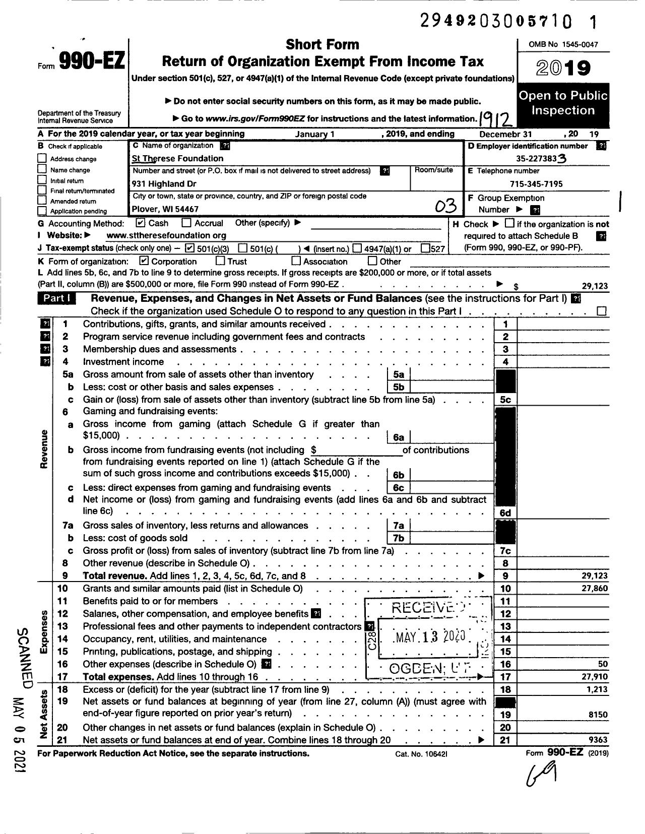 Image of first page of 2019 Form 990EZ for The St Therese Foundation