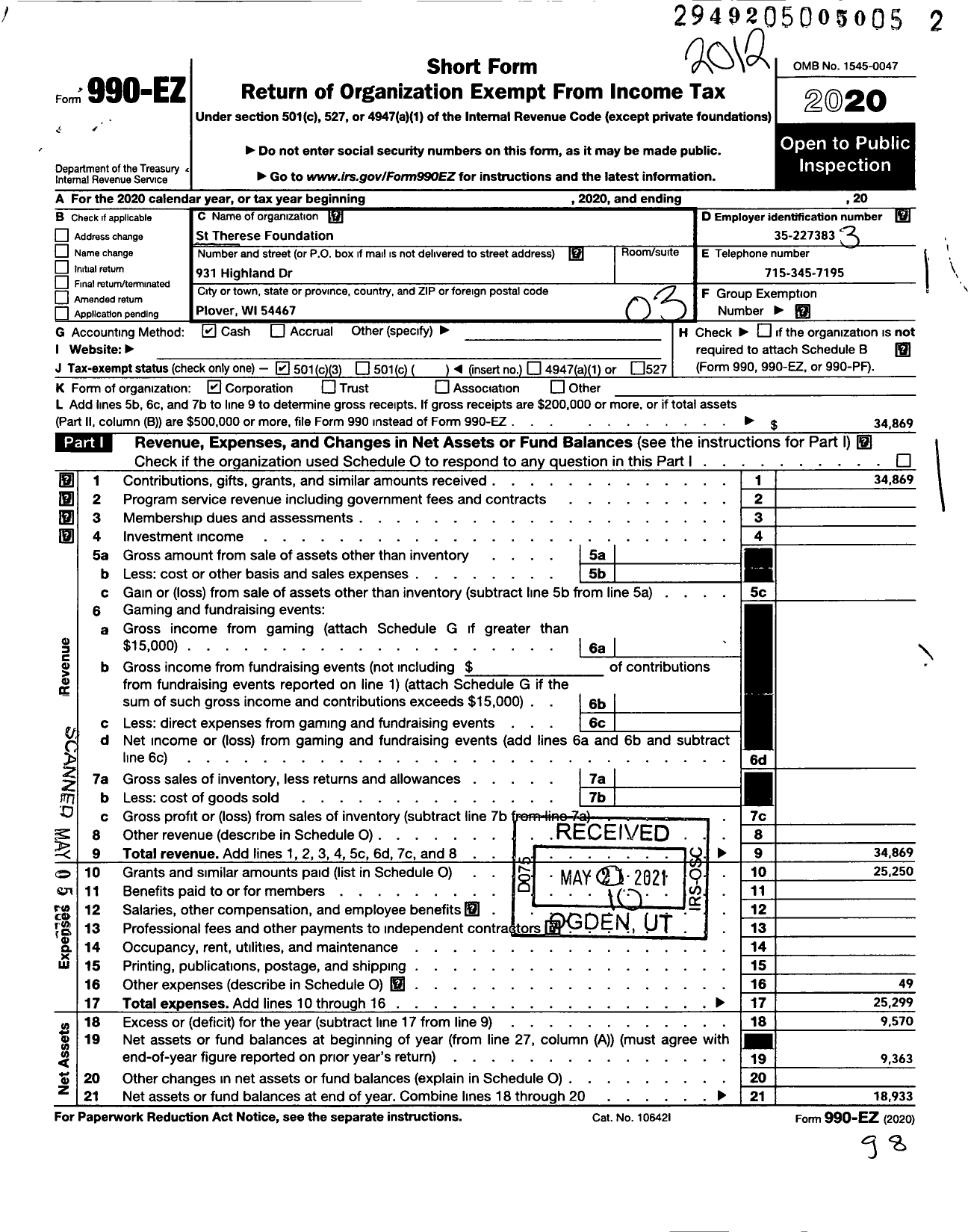 Image of first page of 2020 Form 990EZ for The St Therese Foundation