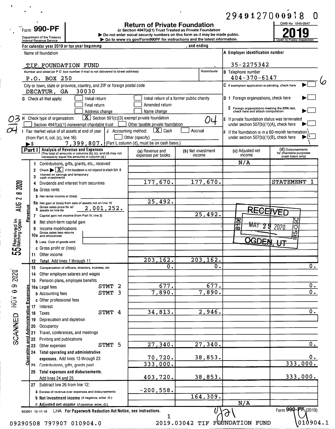 Image of first page of 2019 Form 990PF for Tif Foundation Fund