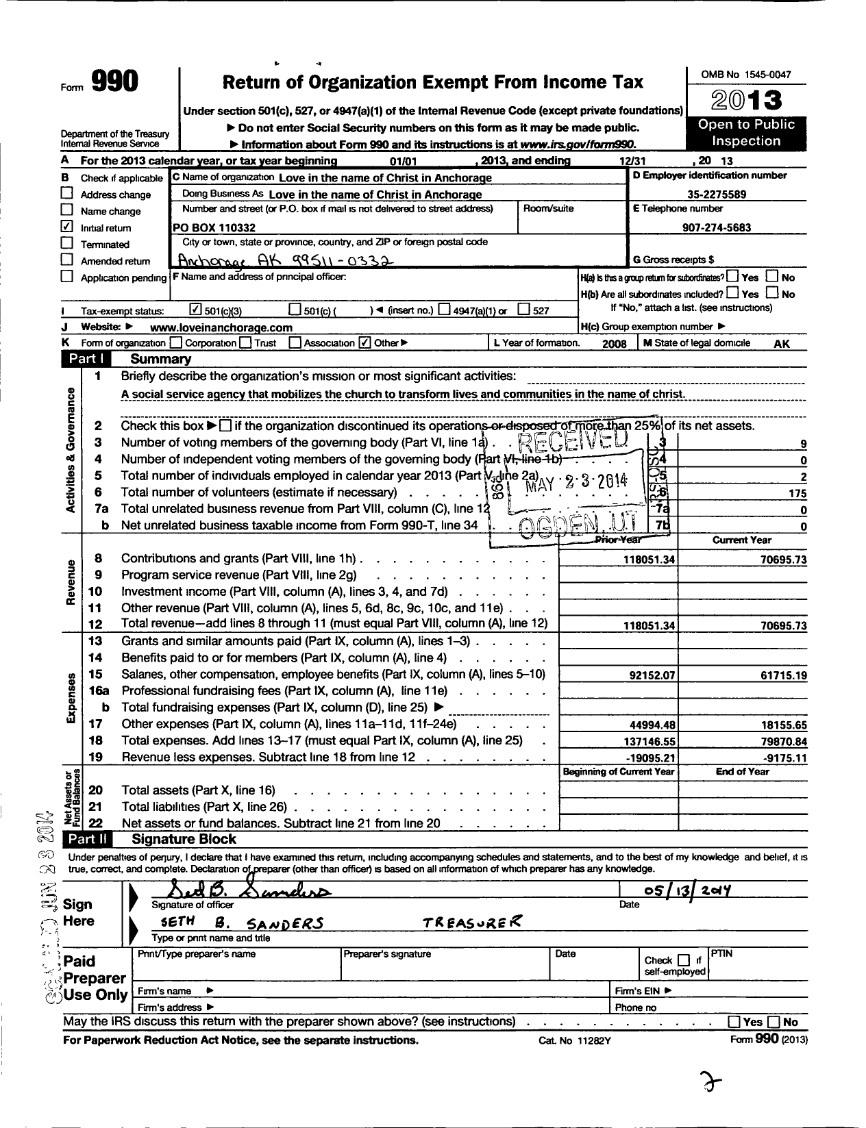 Image of first page of 2013 Form 990 for Love in the Name of Christ in Anchorage