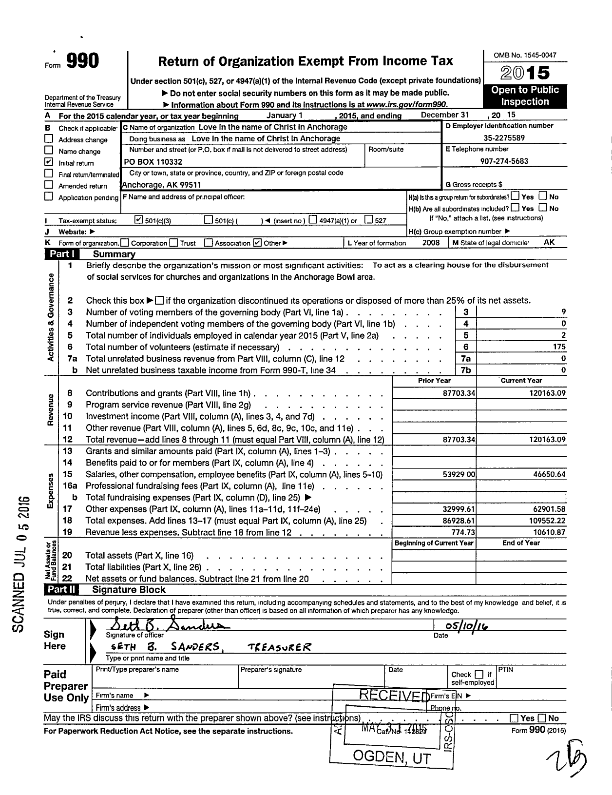 Image of first page of 2015 Form 990 for Love in the Name of Christ in Anchorage