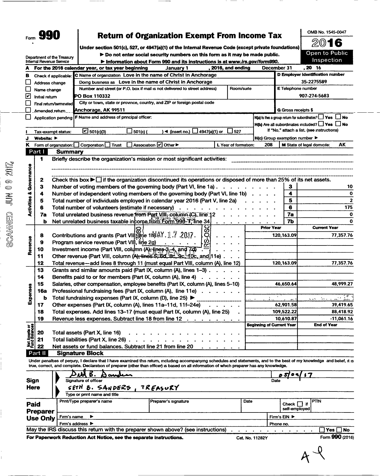 Image of first page of 2016 Form 990 for Love in the Name of Christ in Anchorage