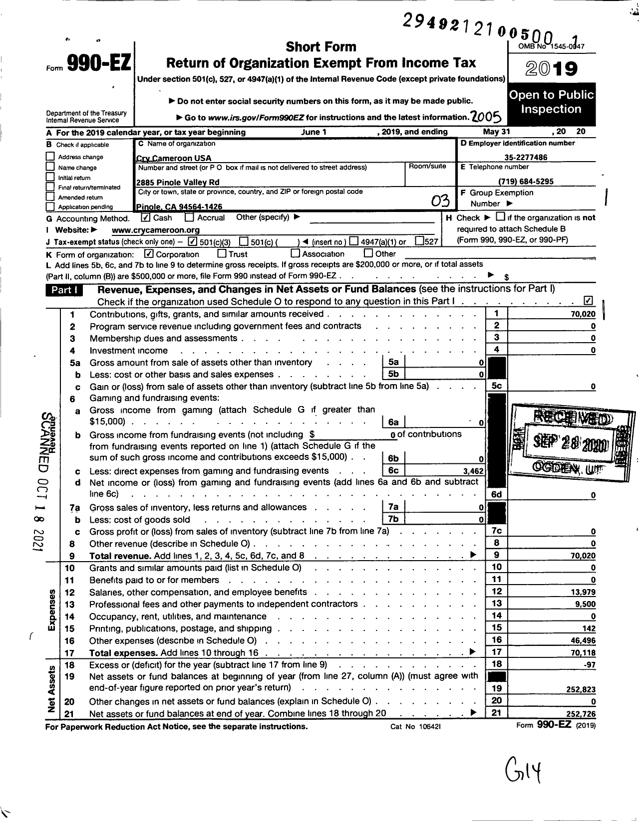 Image of first page of 2019 Form 990EZ for Cry Cameroon USA