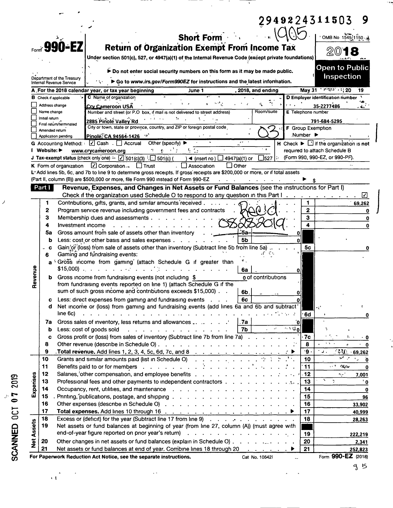 Image of first page of 2018 Form 990EZ for Cry Cameroon USA