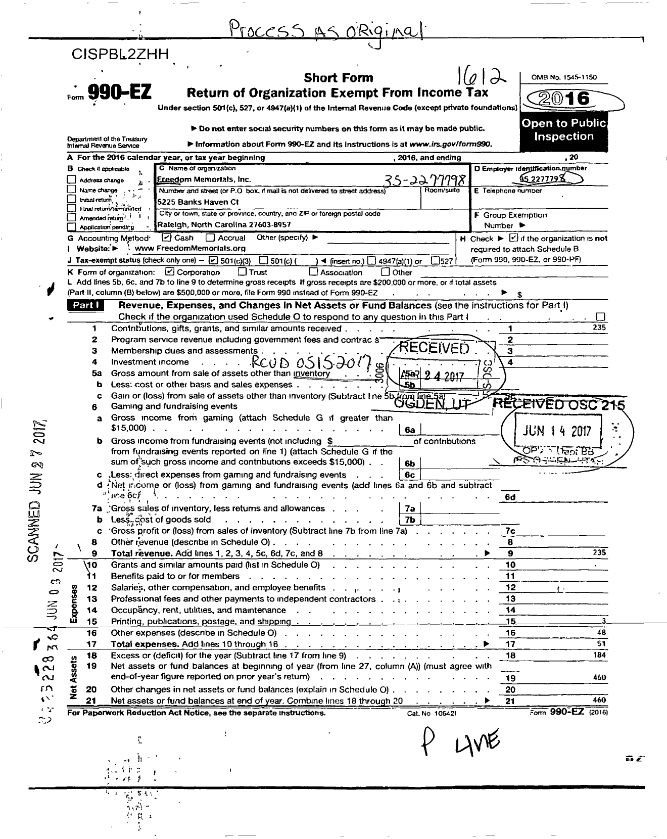 Image of first page of 2016 Form 990EZ for Freedom Memorials