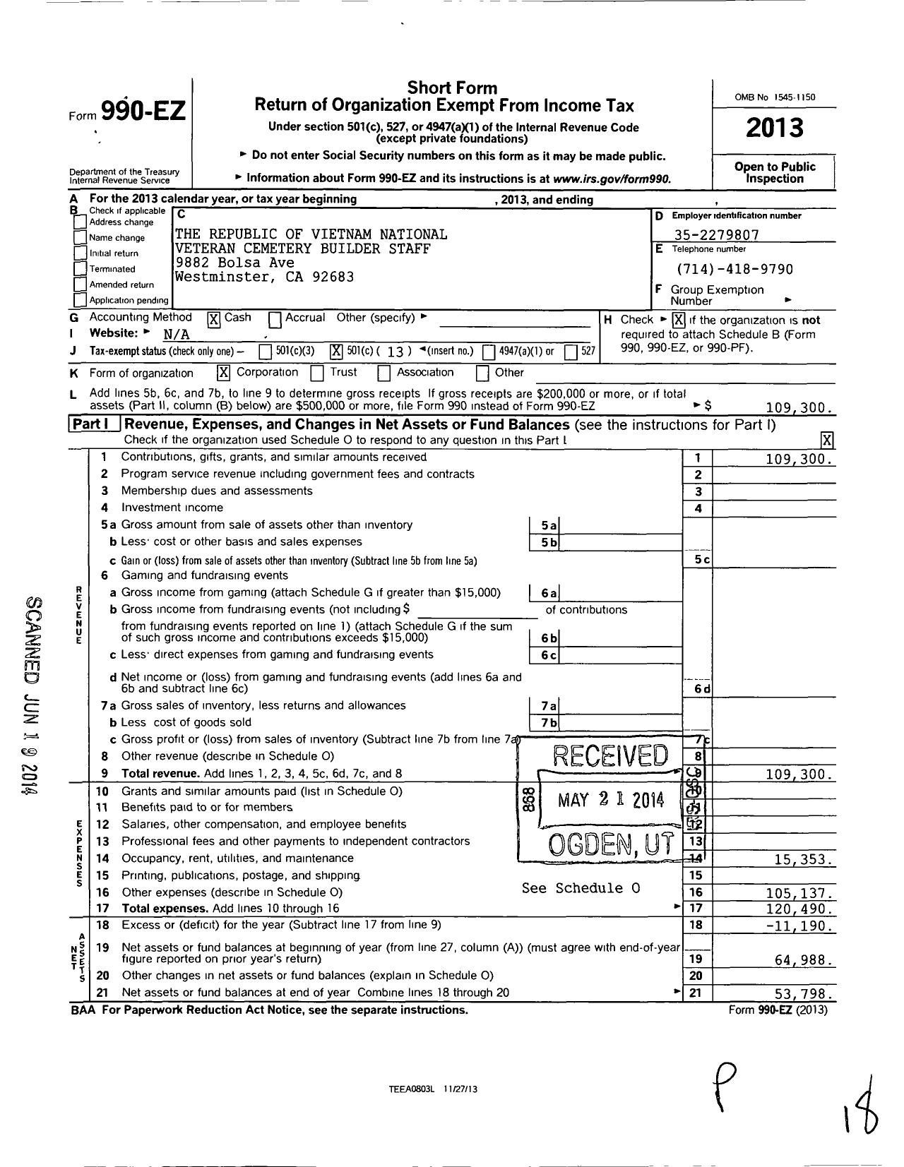 Image of first page of 2013 Form 990EO for The Republic of Vietman National Veteran Cemetery Builder Staff