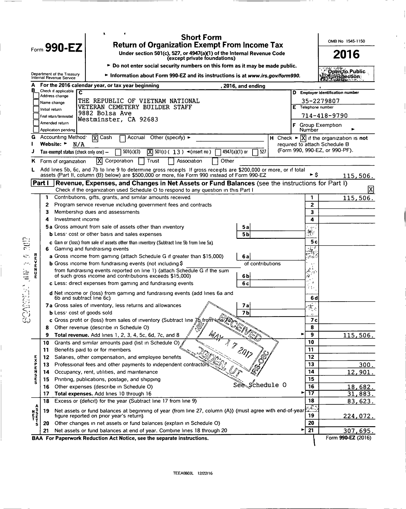 Image of first page of 2016 Form 990EO for The Republic of Vietman National Veteran Cemetery Builder Staff