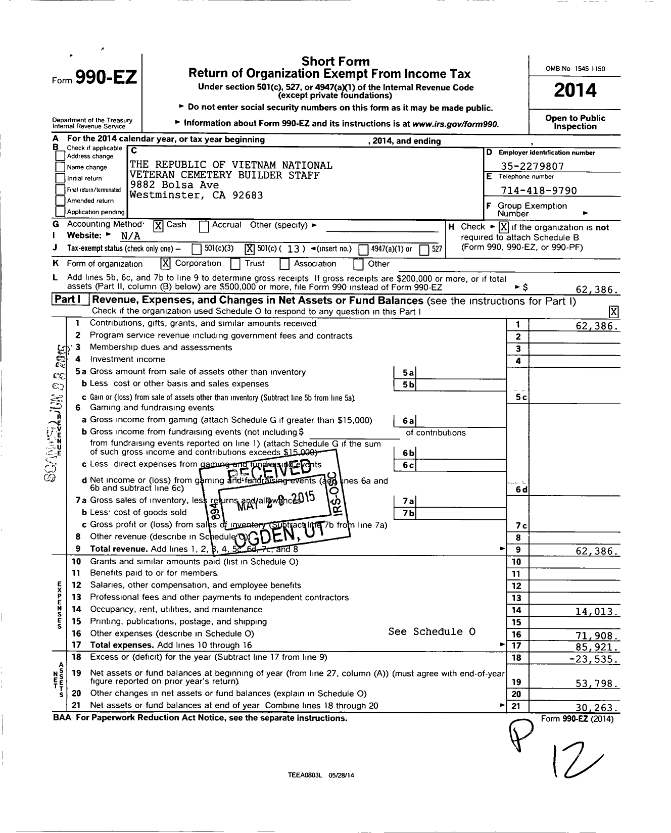 Image of first page of 2014 Form 990EO for The Republic of Vietman National Veteran Cemetery Builder Staff