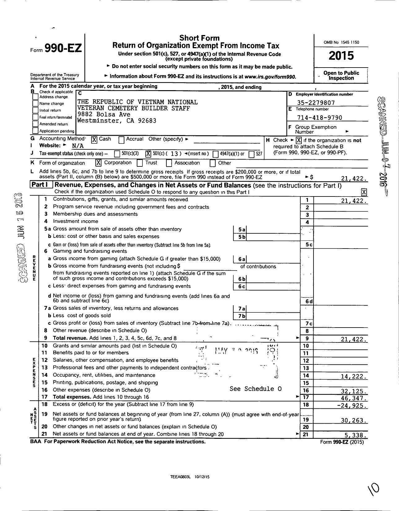 Image of first page of 2015 Form 990EO for The Republic of Vietman National Veteran Cemetery Builder Staff