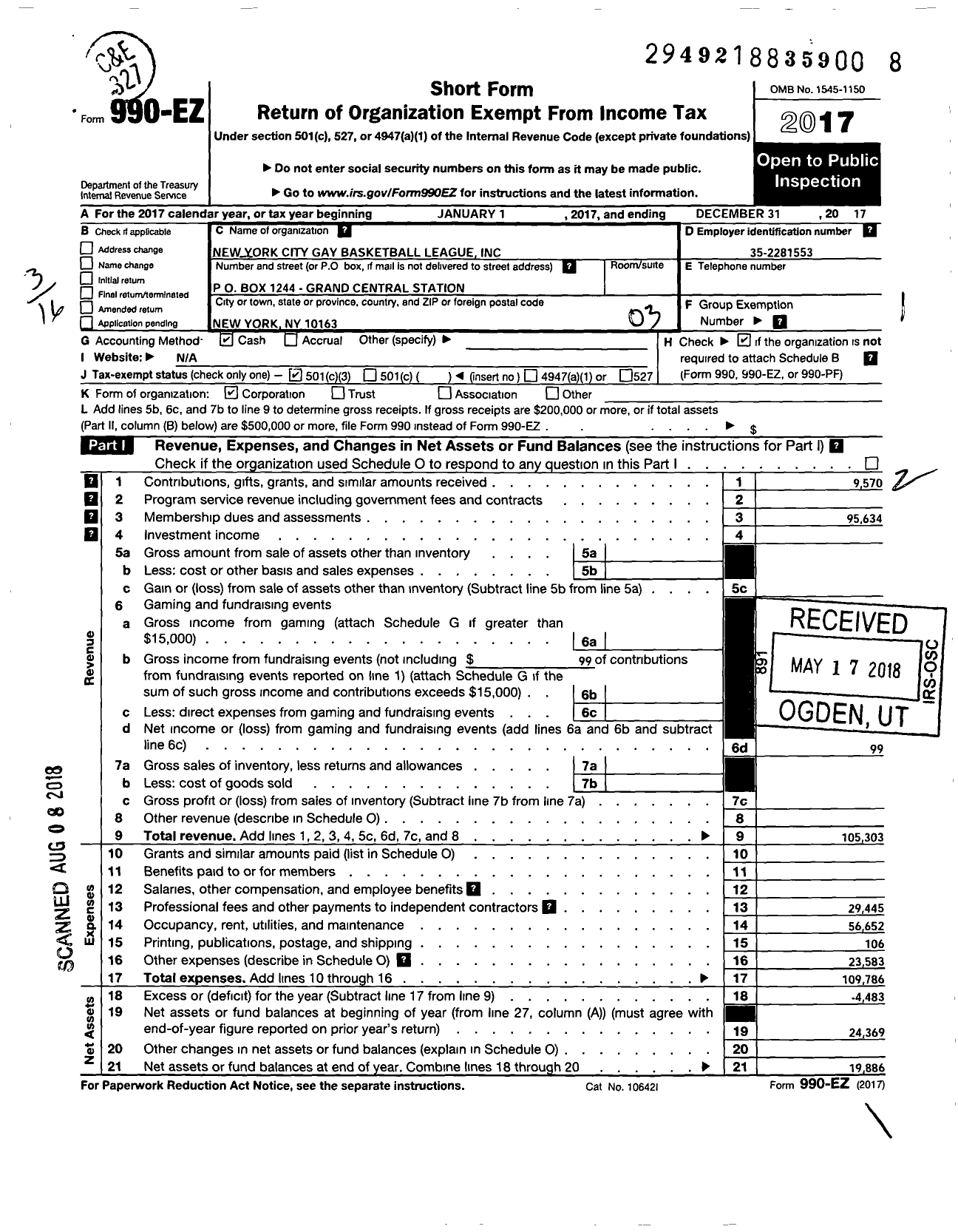 Image of first page of 2017 Form 990EZ for New York City Gay Basketball League