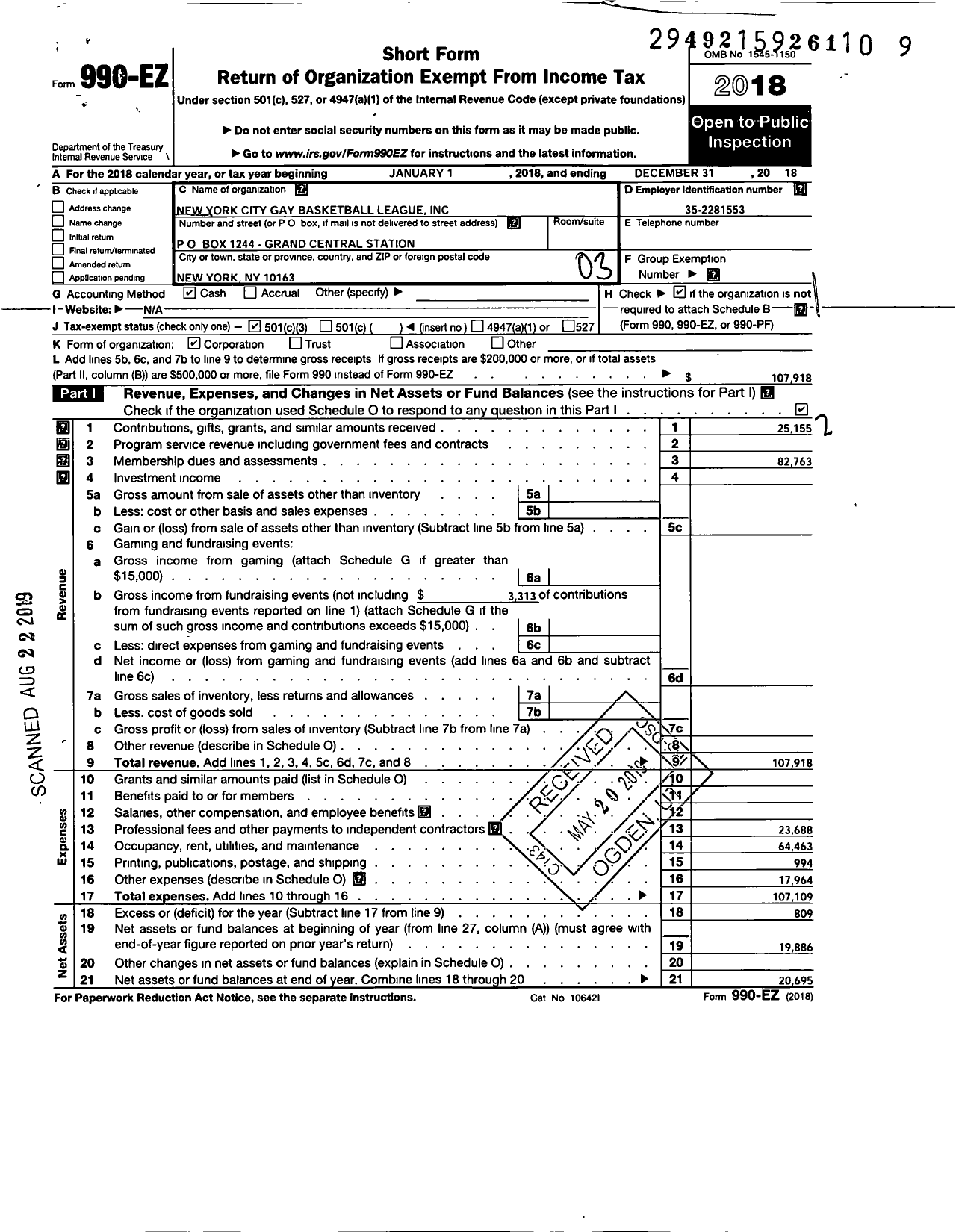 Image of first page of 2018 Form 990EZ for New York City Gay Basketball League