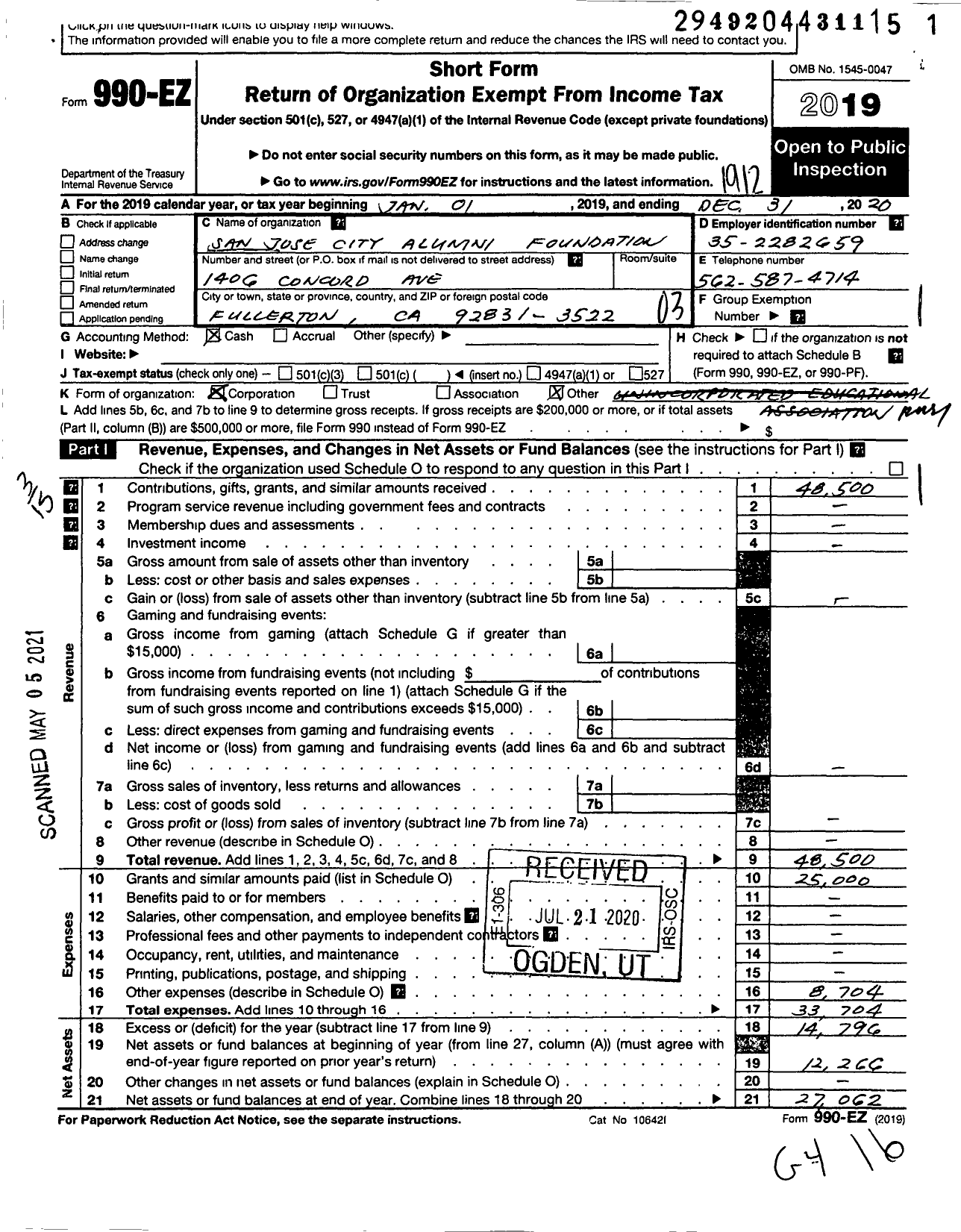 Image of first page of 2019 Form 990EZ for San Jose City Alumni Foundation
