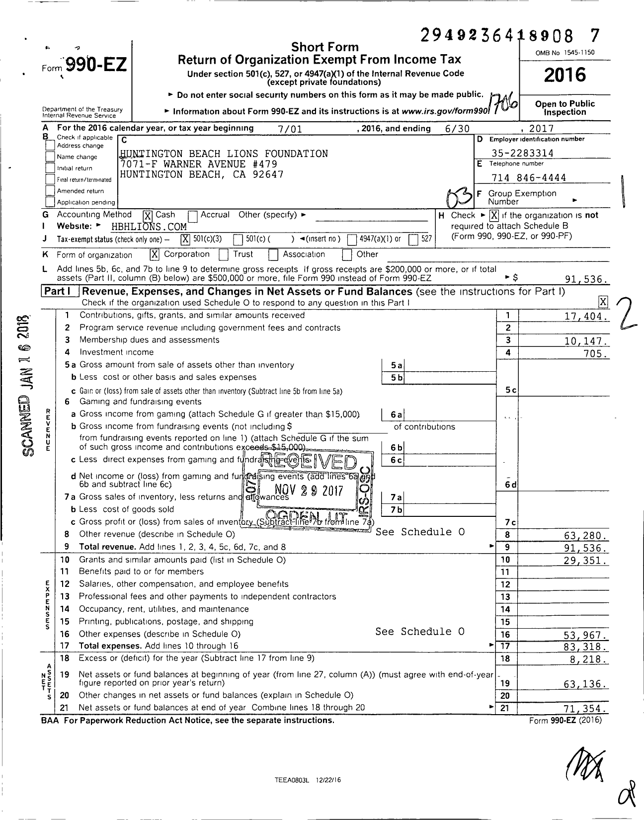 Image of first page of 2016 Form 990EZ for Huntington Beach Lions Foundation