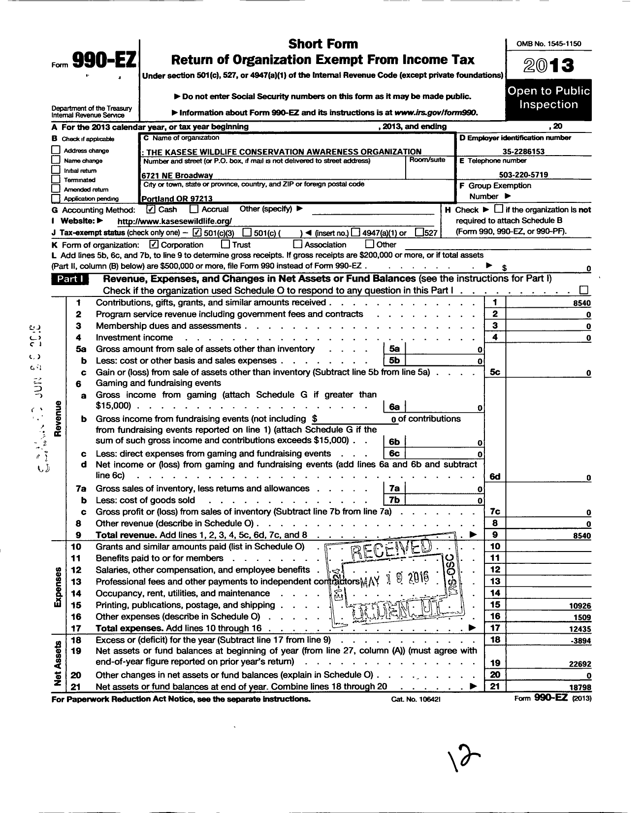 Image of first page of 2013 Form 990EZ for The Kasese Wildlife Conservation Awareness Organization