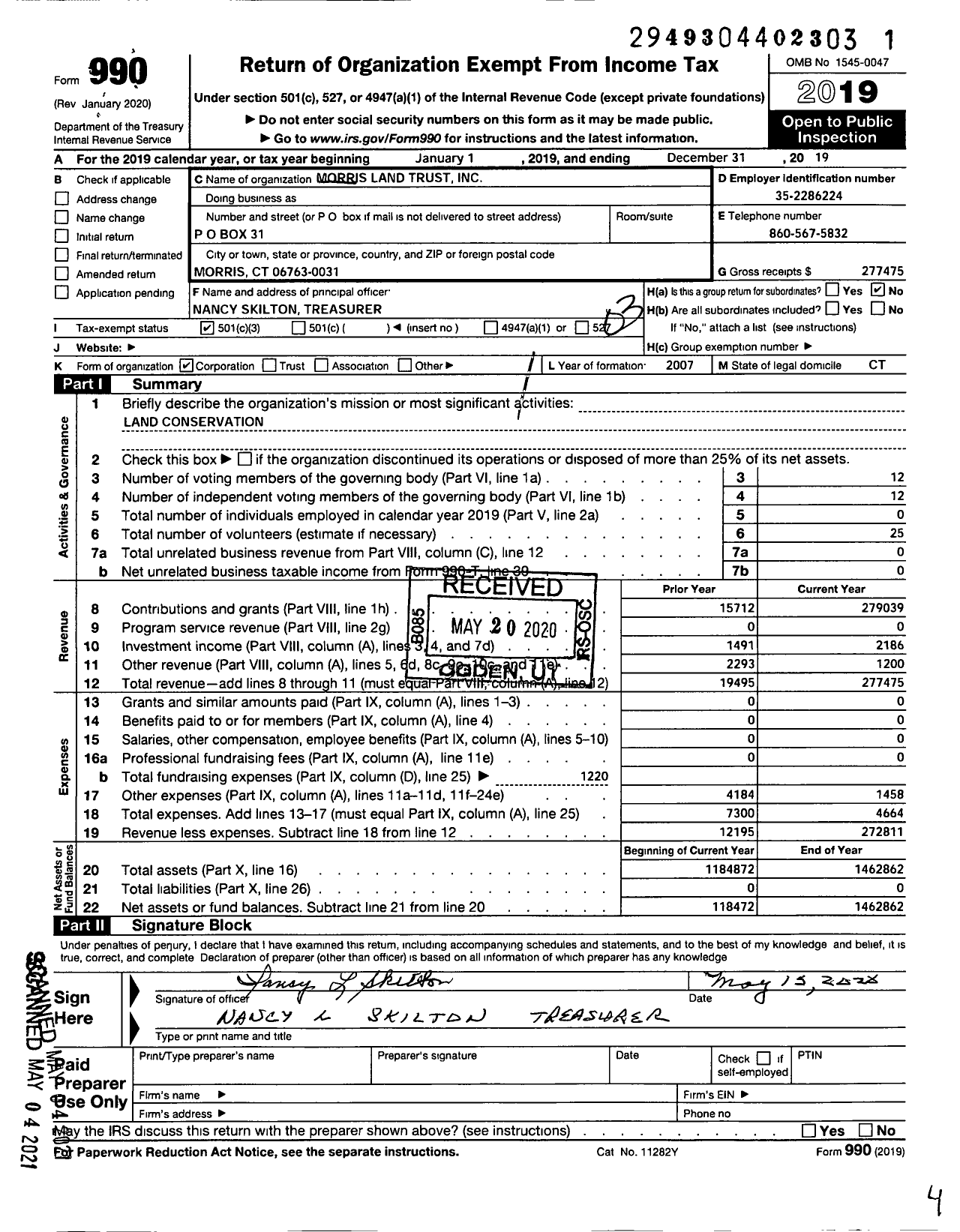 Image of first page of 2019 Form 990 for Morris Land Trust