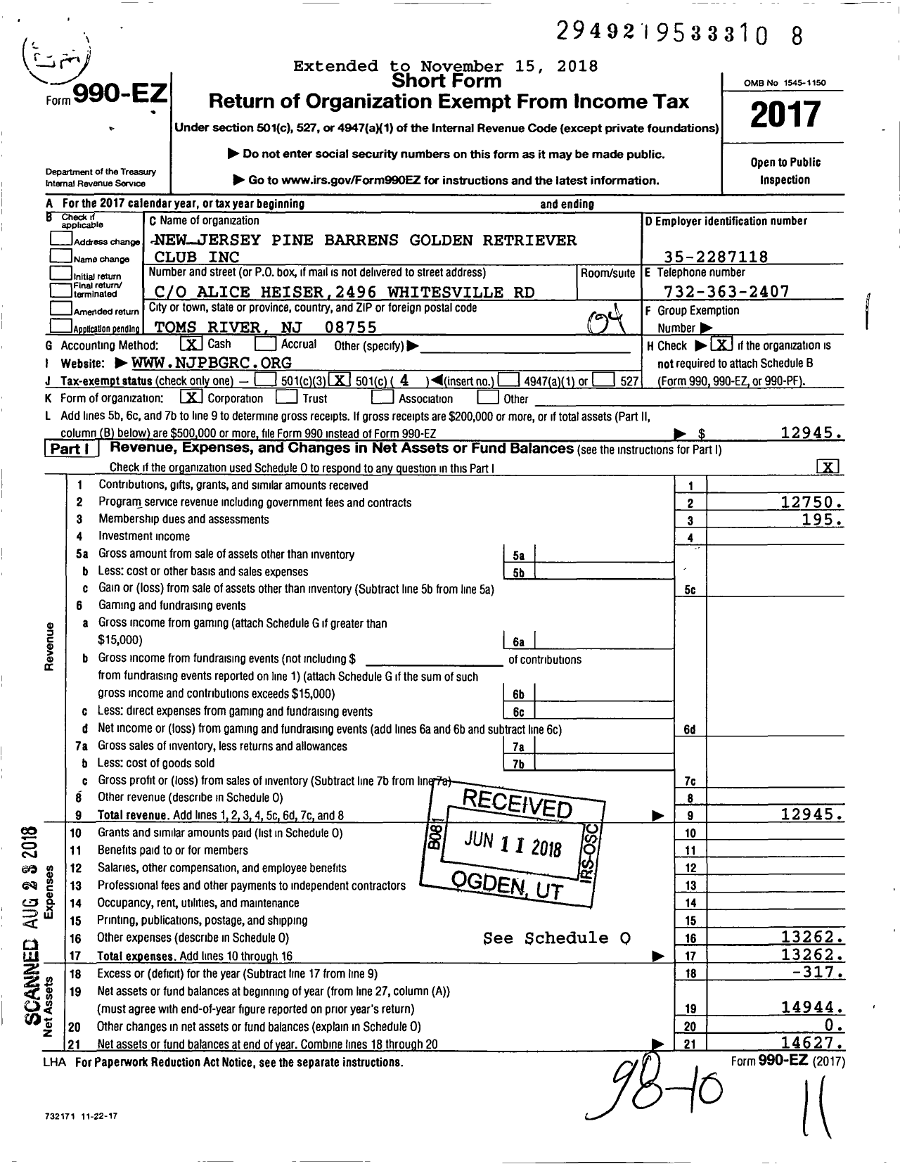 Image of first page of 2017 Form 990EO for New Jersey Pine Barrens Golden Retriever Club