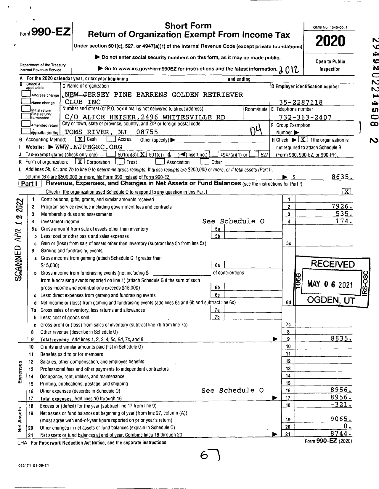 Image of first page of 2020 Form 990EO for New Jersey Pine Barrens Golden Retriever Club