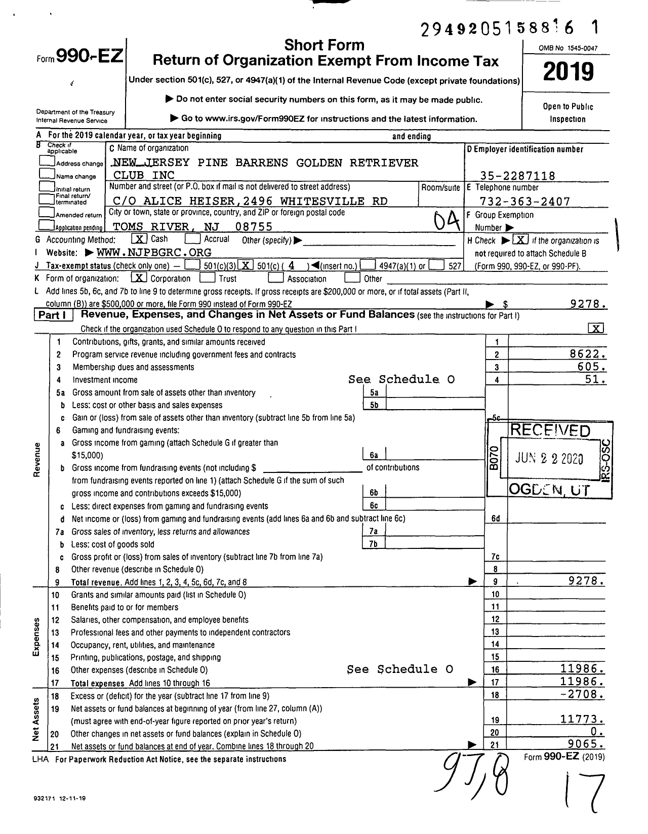 Image of first page of 2019 Form 990EO for New Jersey Pine Barrens Golden Retriever Club