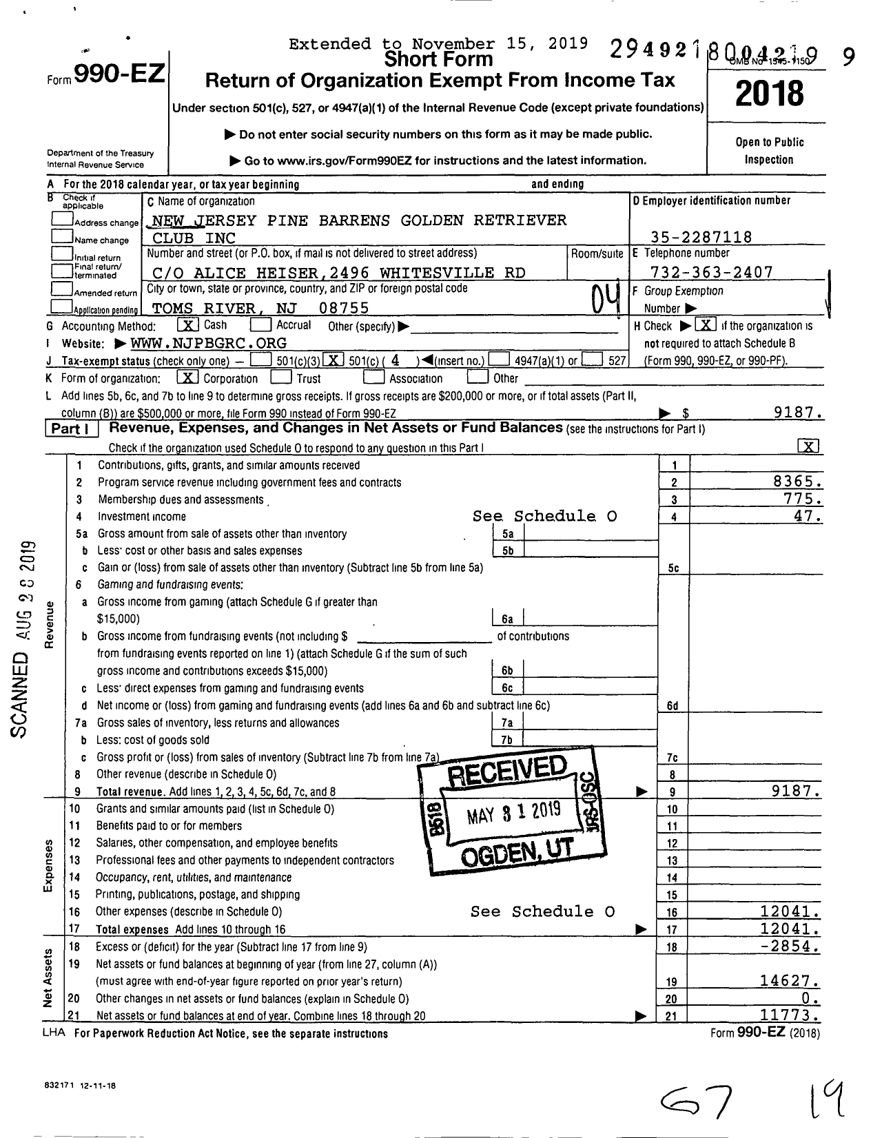 Image of first page of 2018 Form 990EO for New Jersey Pine Barrens Golden Retriever Club