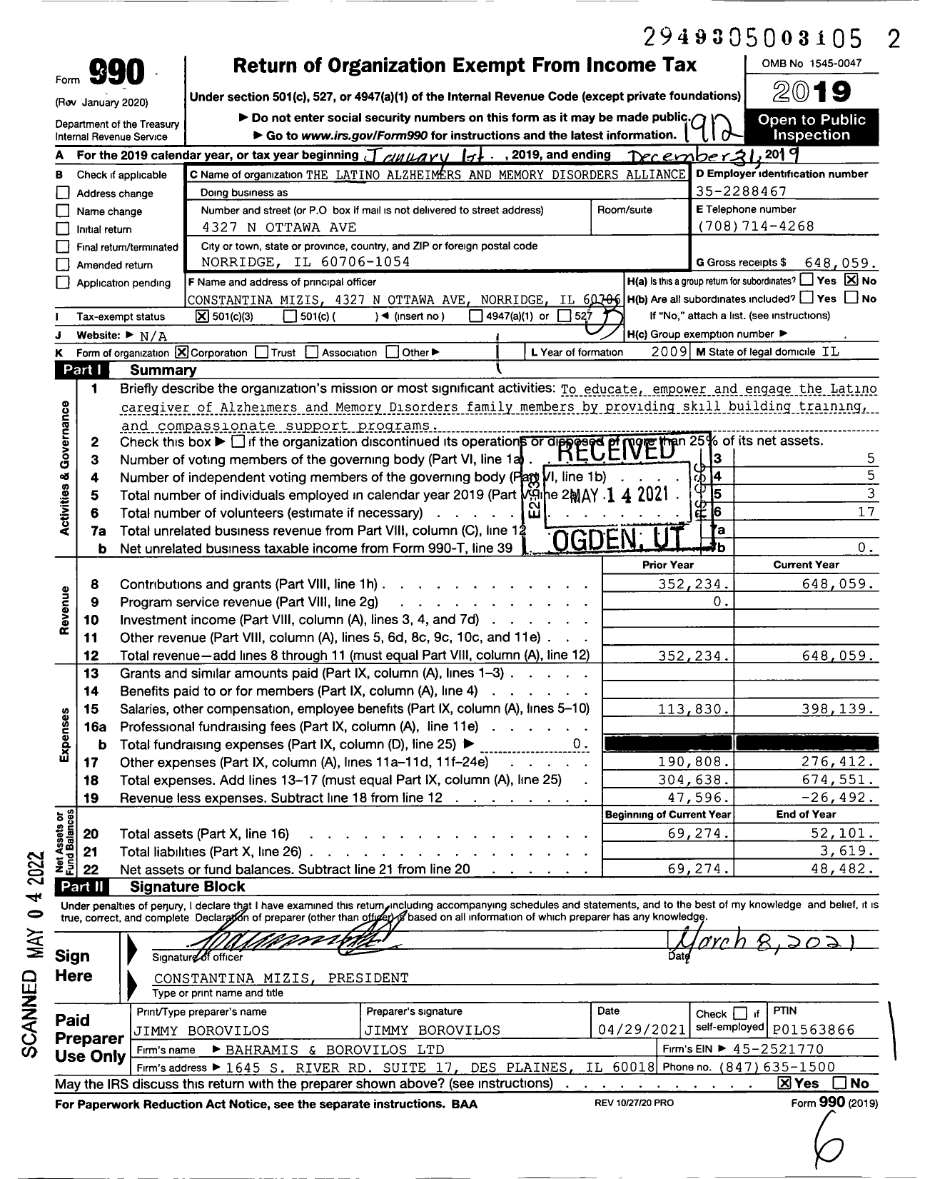 Image of first page of 2019 Form 990 for The Latino Alzheimers and Memory Disorders Alliance