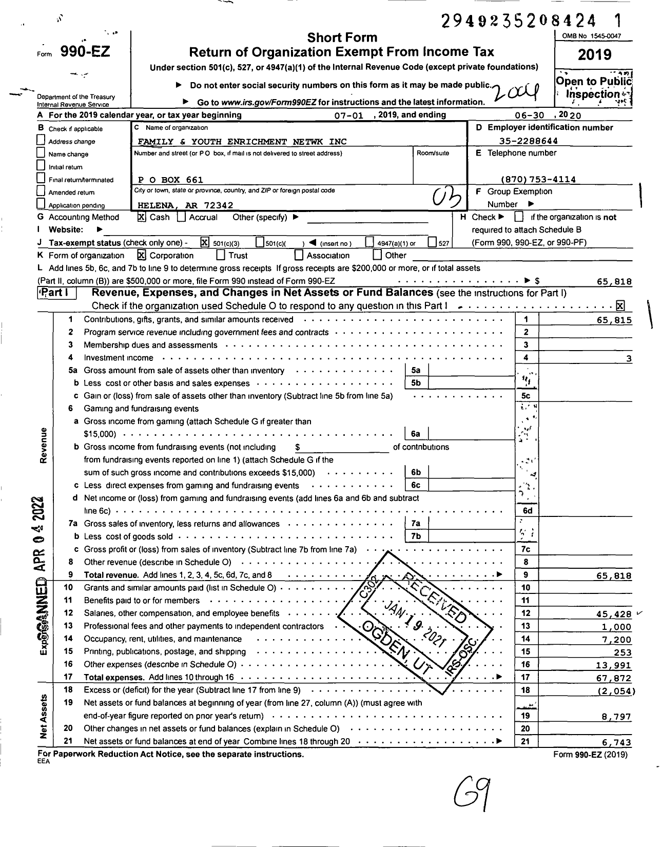 Image of first page of 2019 Form 990EZ for Family and Youth Enrichment Netwk