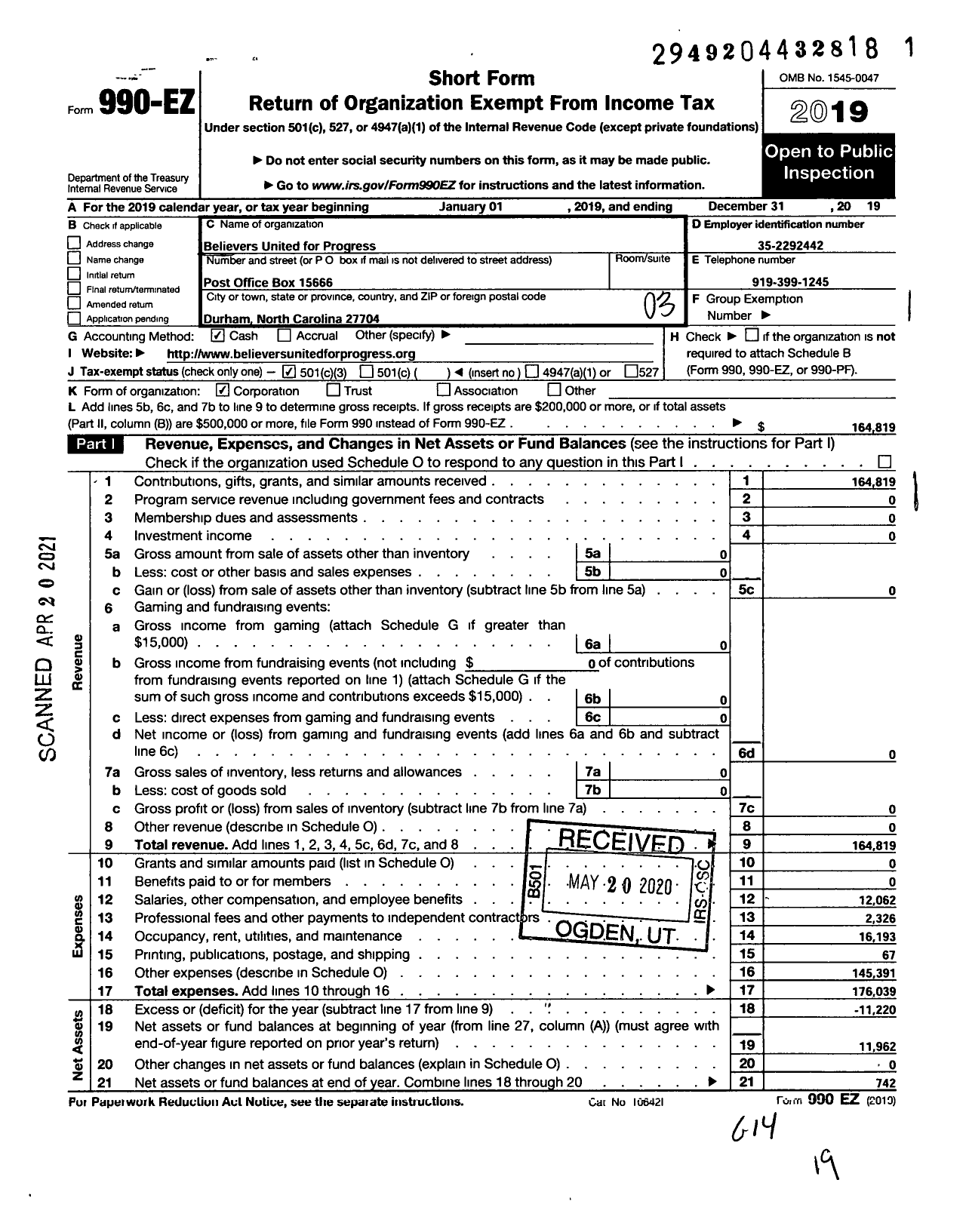 Image of first page of 2019 Form 990EZ for Believers United for Progress