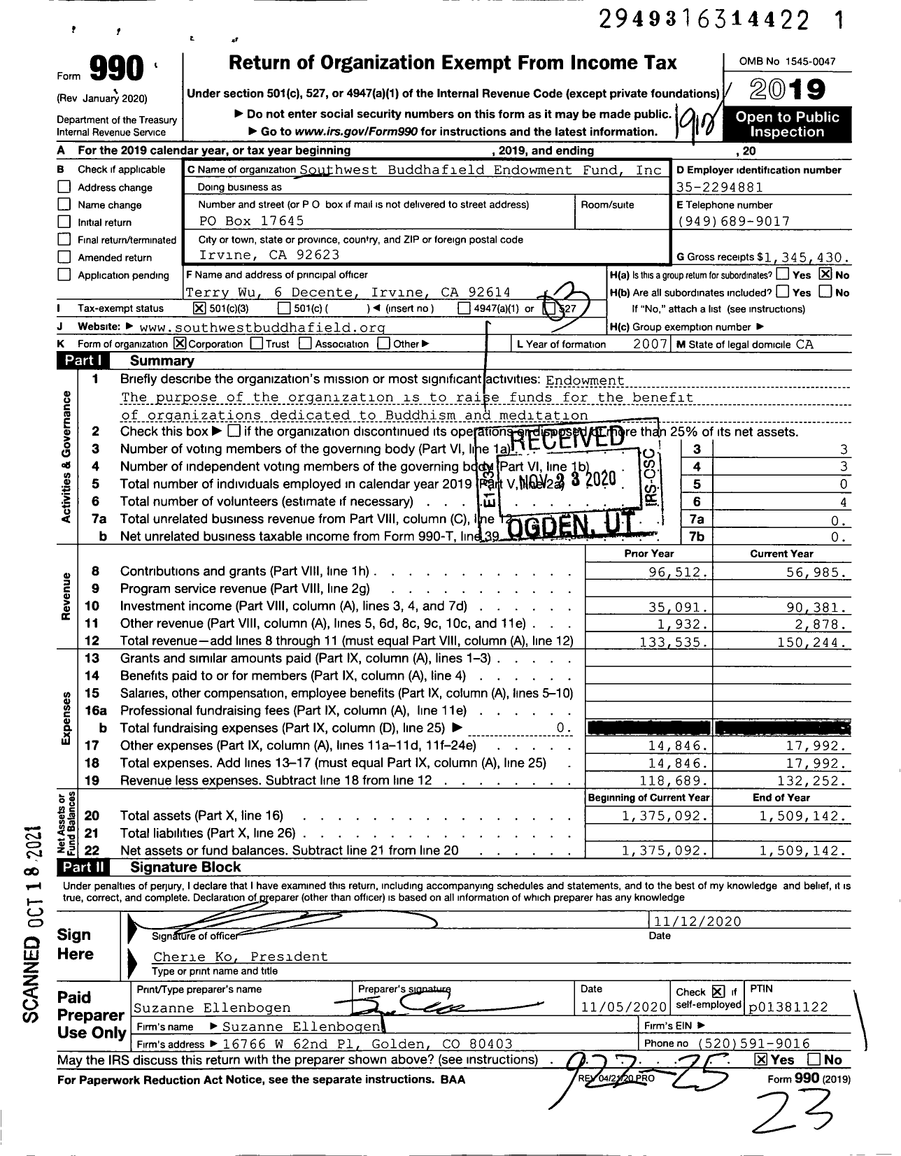 Image of first page of 2019 Form 990 for Southwest Buddhafield Endowment Fund