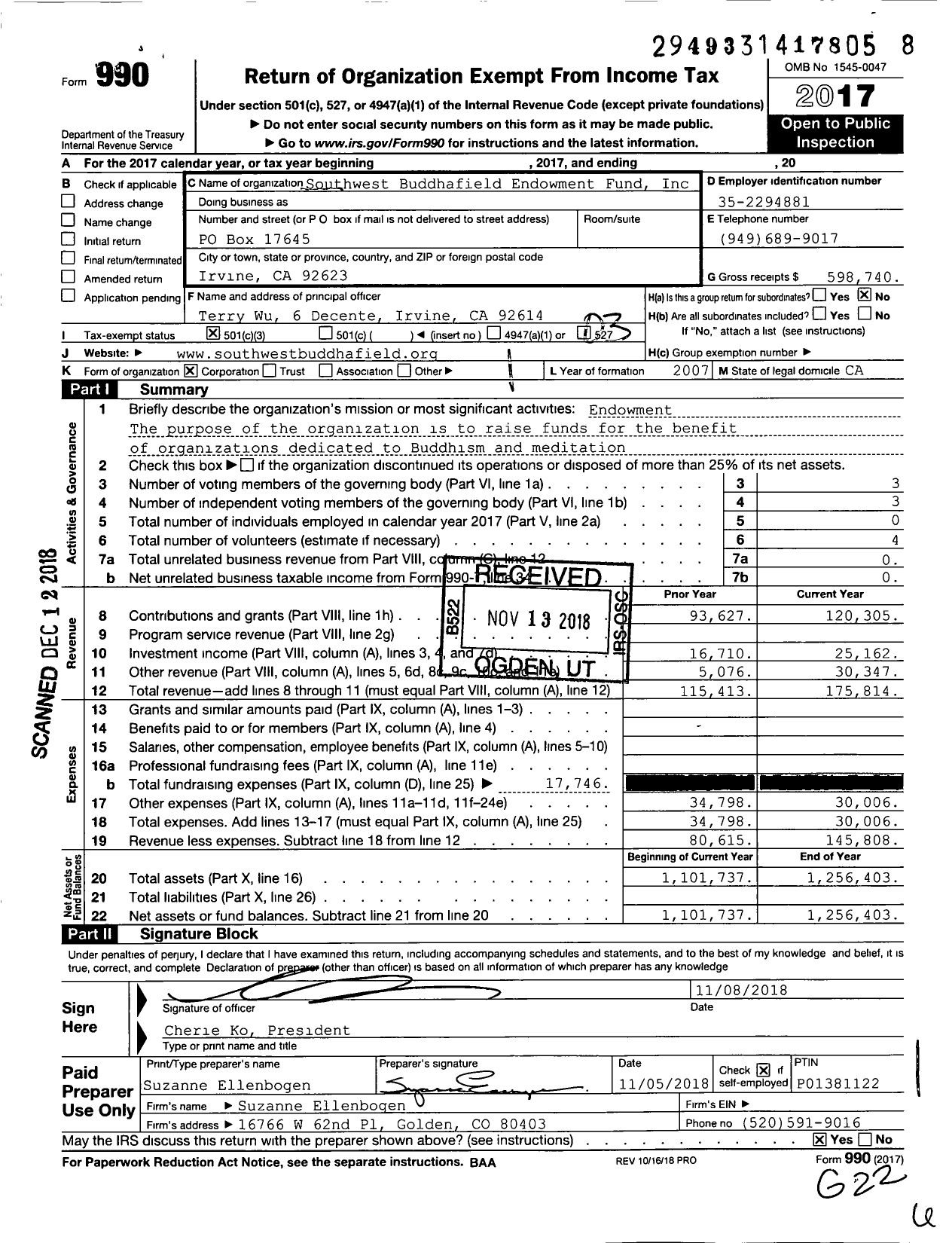 Image of first page of 2017 Form 990 for Southwest Buddhafield Endowment Fund