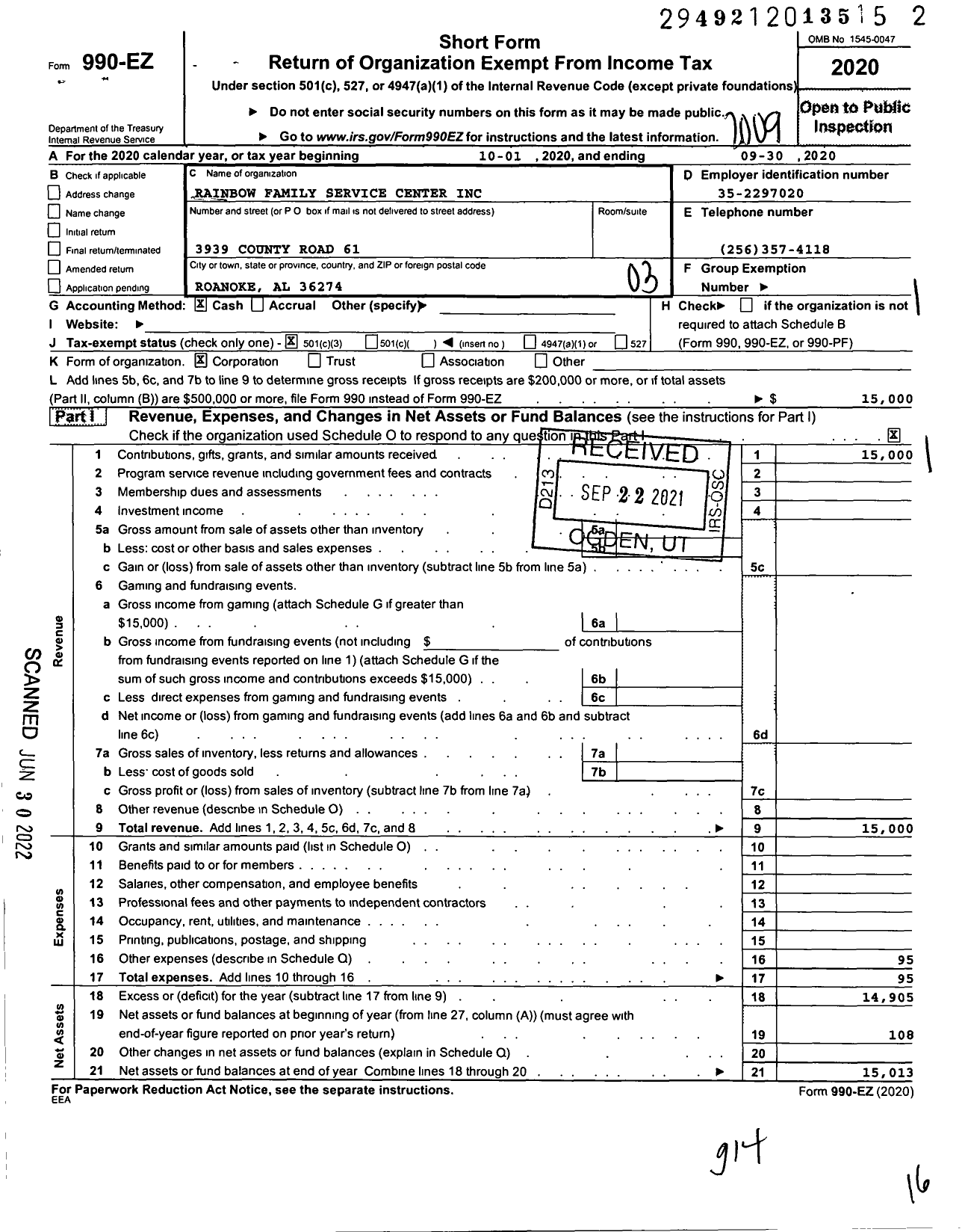 Image of first page of 2019 Form 990EZ for Rainbow Family Service Center