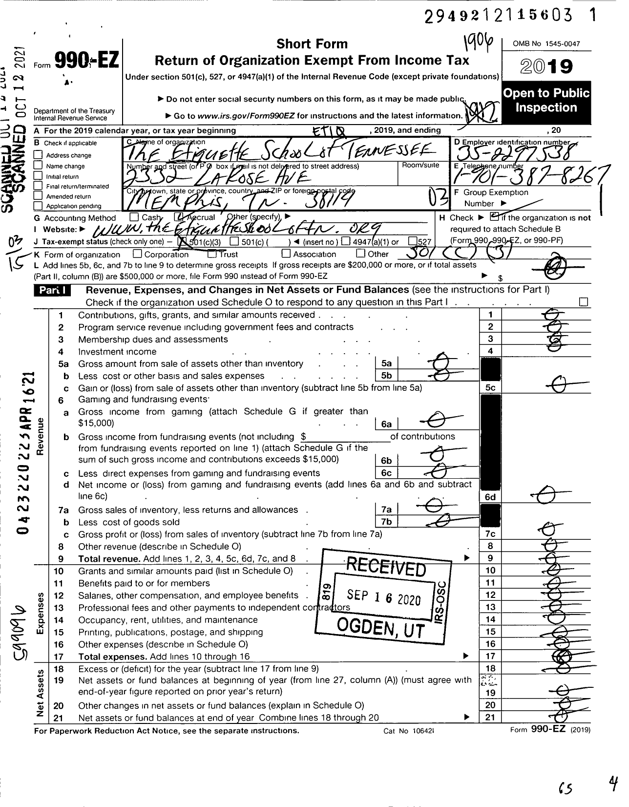 Image of first page of 2018 Form 990EZ for The Etiquette School of Tennessee