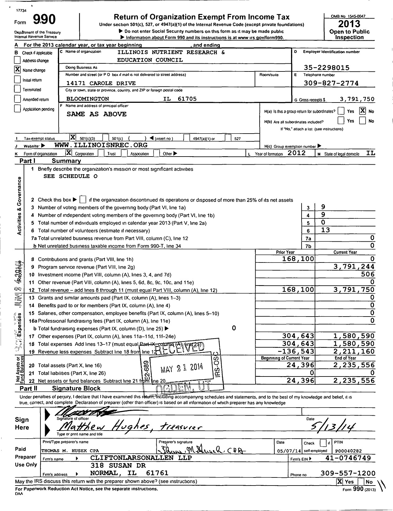 Image of first page of 2013 Form 990 for Illinois Nutrient Research and Education Foundation