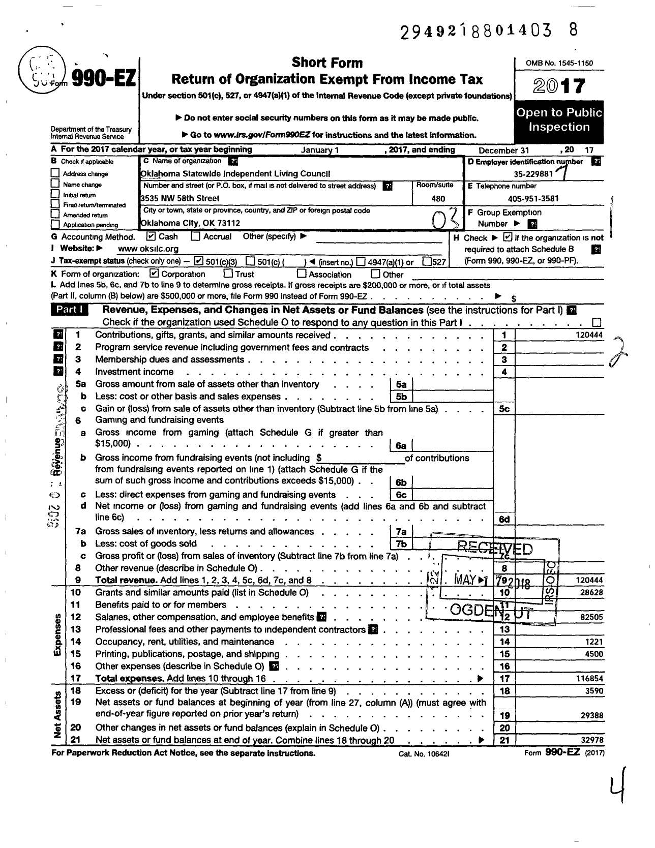 Image of first page of 2017 Form 990EZ for Oklahoma Statewide Independent Living Council