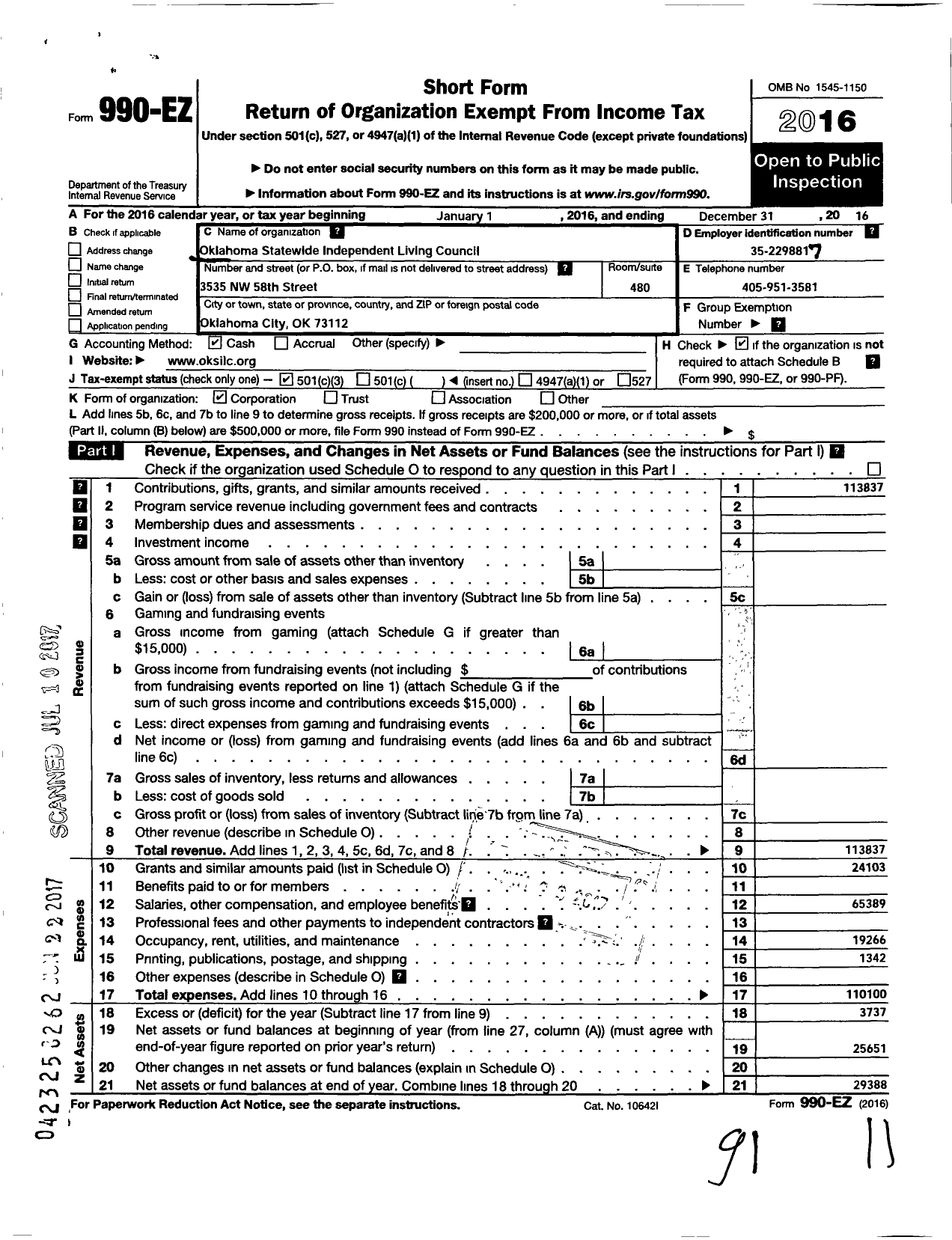 Image of first page of 2016 Form 990EZ for Oklahoma Statewide Independent Living Council