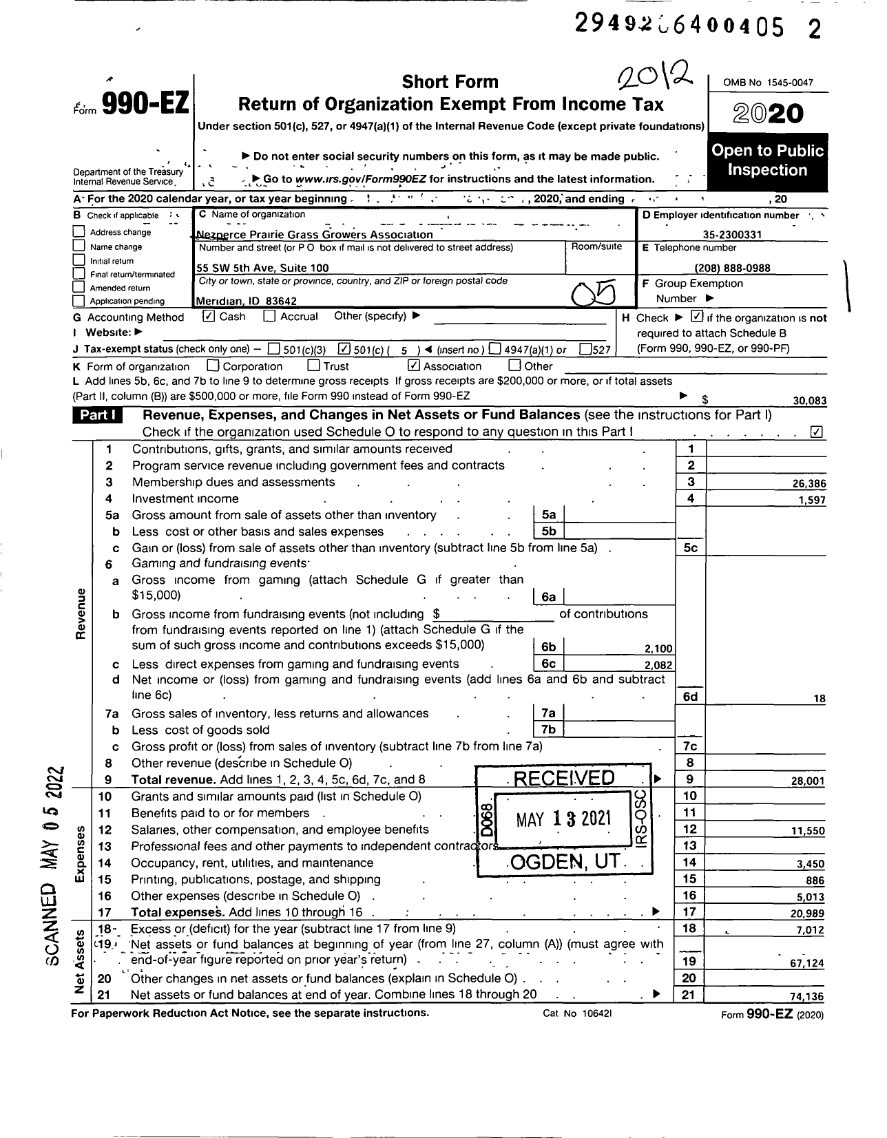 Image of first page of 2020 Form 990EO for Nezperce Prairie Grass Growers Association