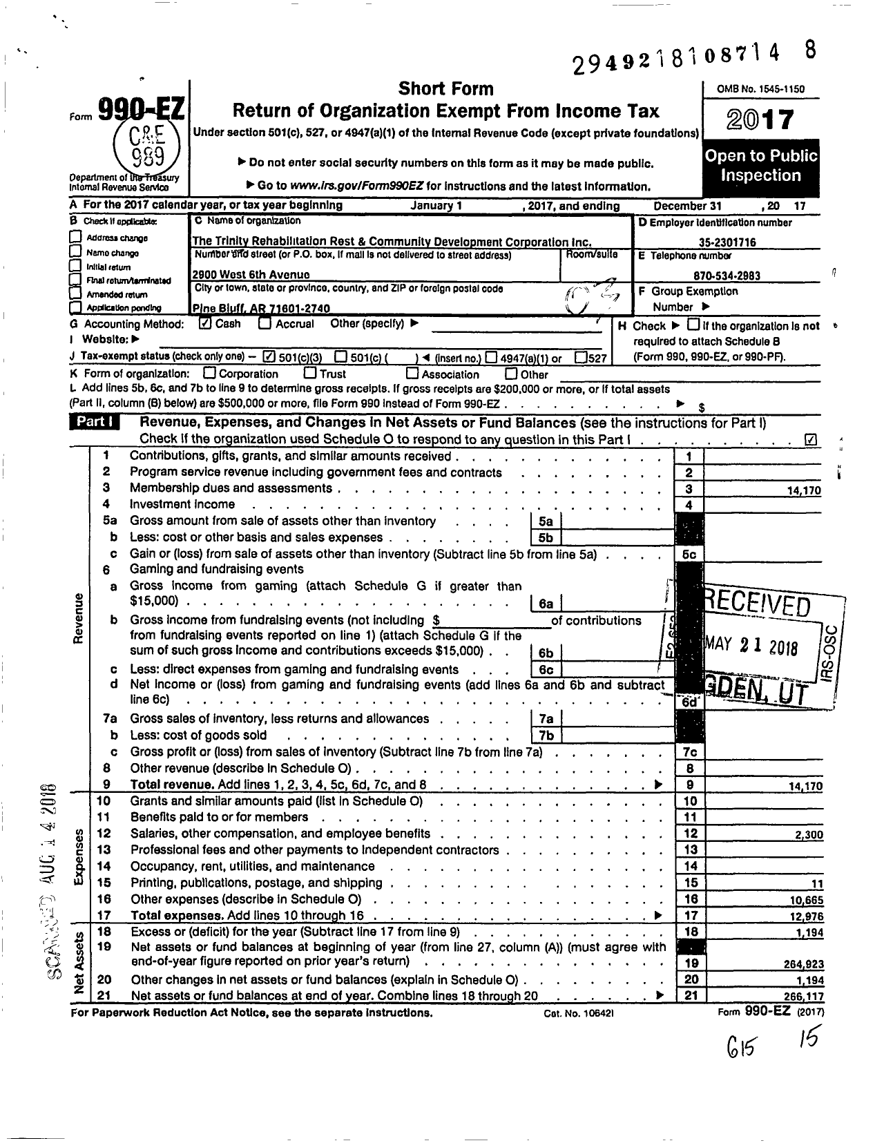 Image of first page of 2017 Form 990EZ for Trinity Rehabilitation and Restoration Community Development Corporation