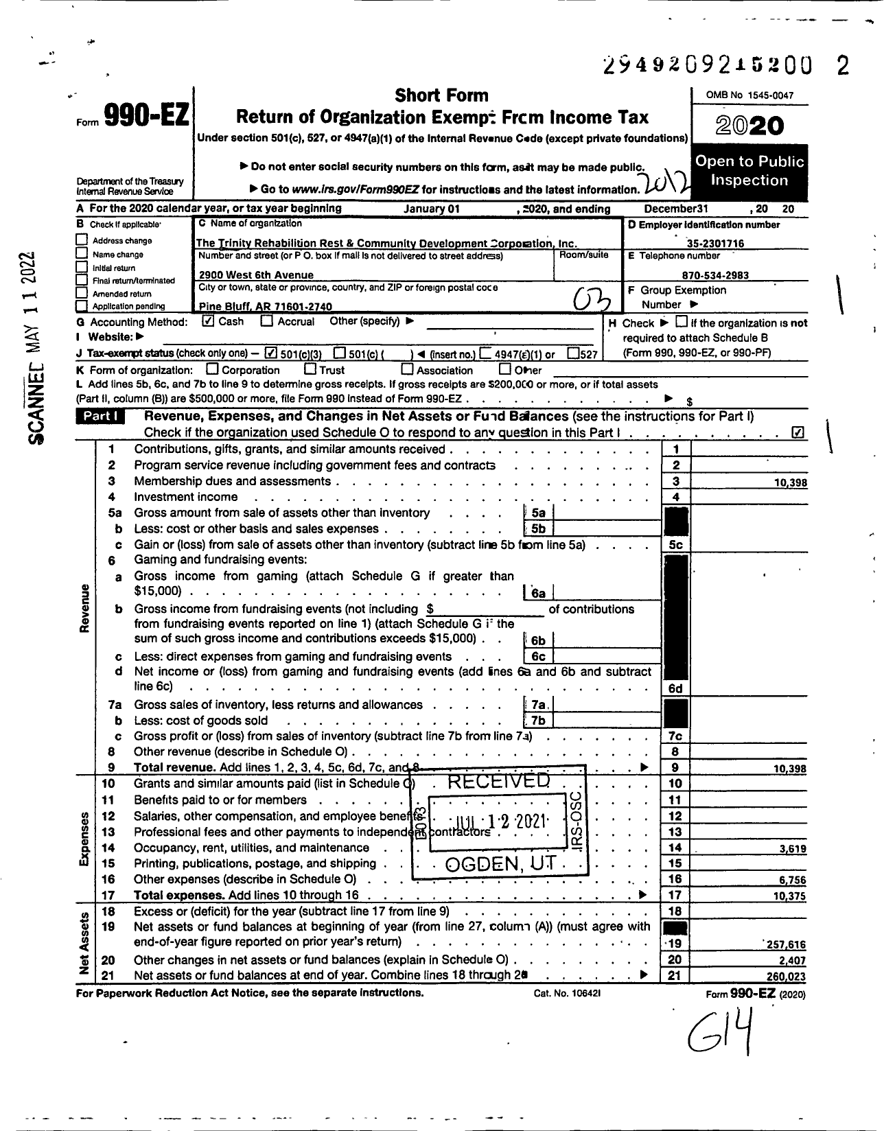 Image of first page of 2020 Form 990EZ for Trinity Rehabilitation and Restoration Community Development Corporation