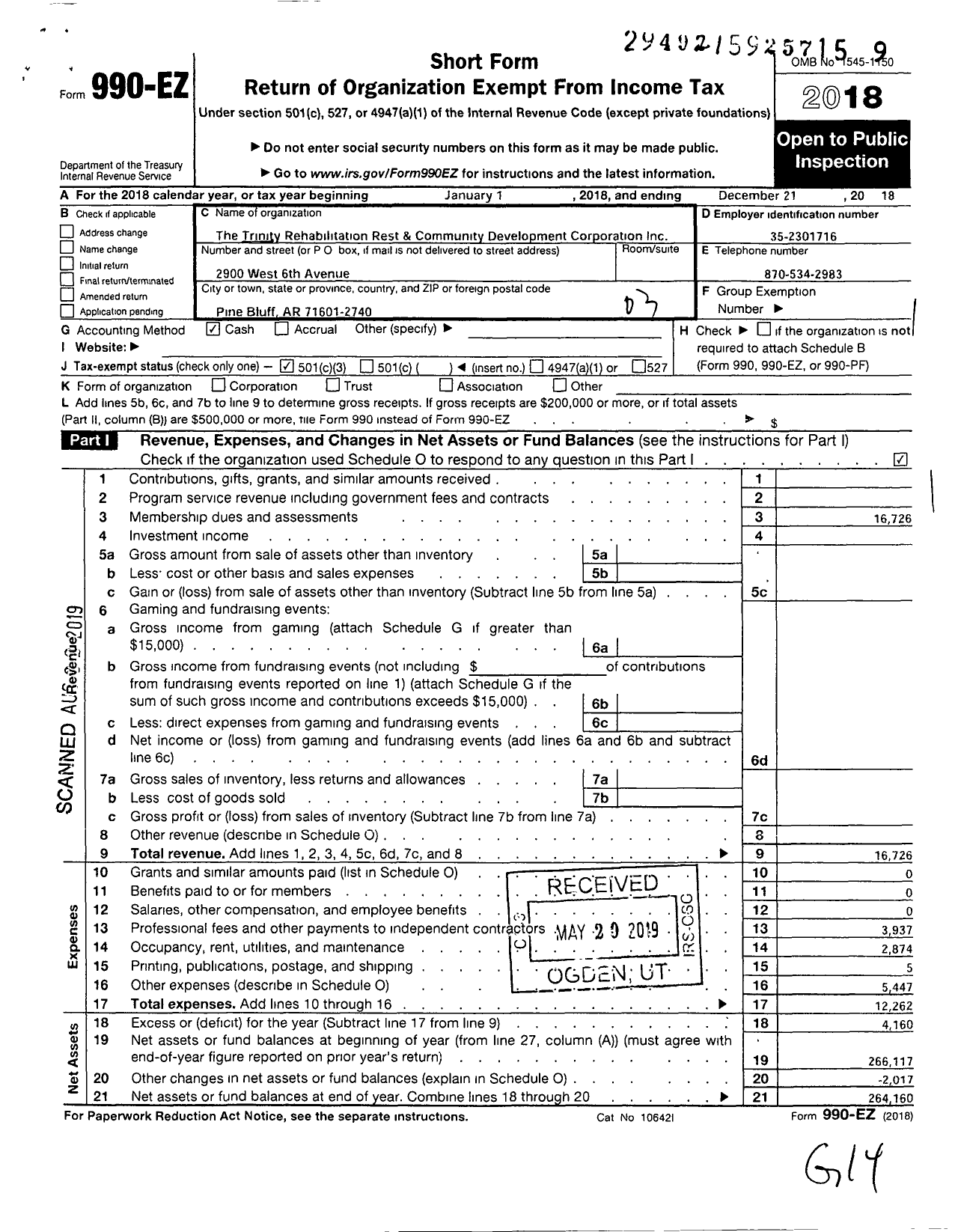 Image of first page of 2018 Form 990EZ for Trinity Rehabilitation and Restoration Community Development Corporation